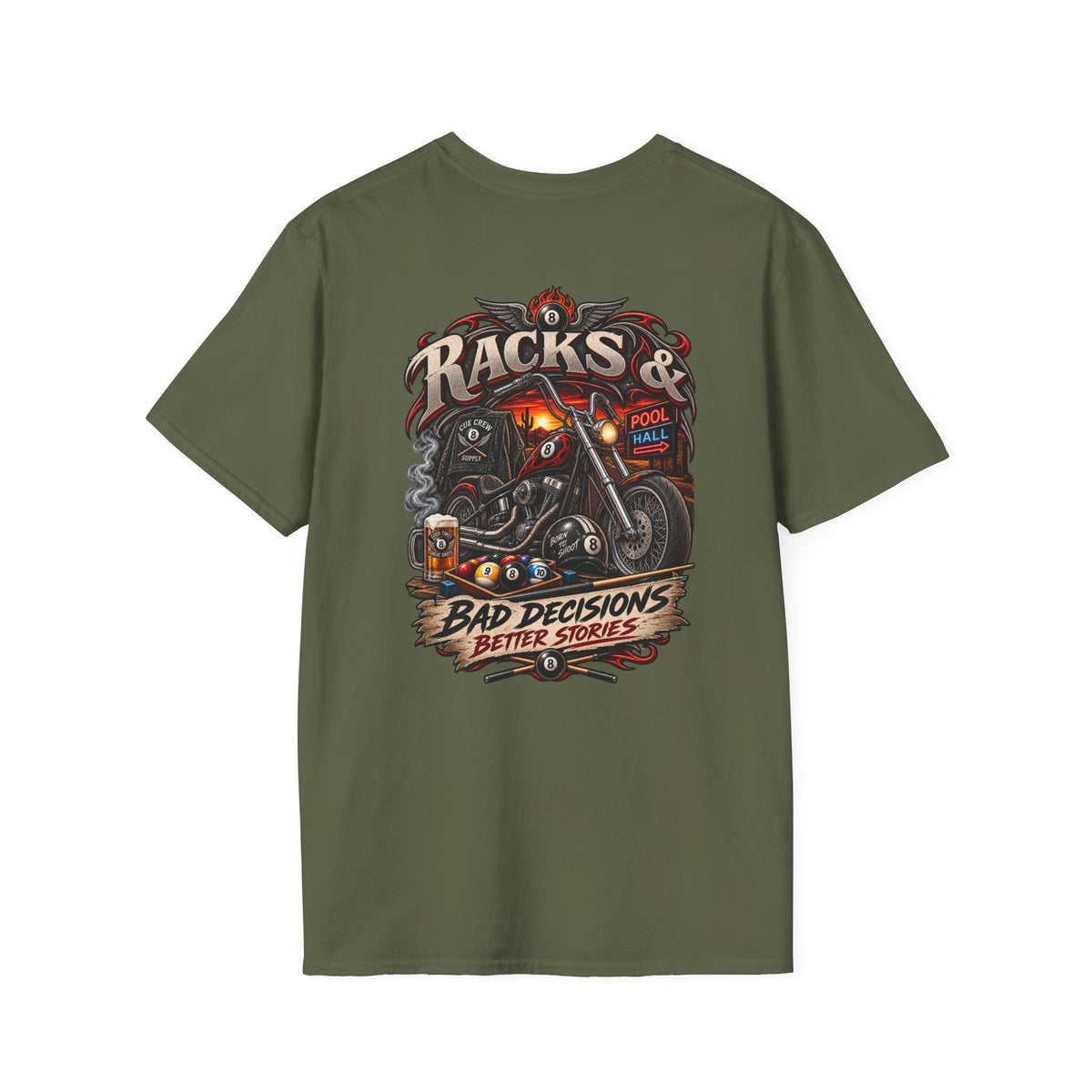 Racks & Bad Decisions Better Stories – Biker Billiards T-Shirt – Front & Back Pool Tee
