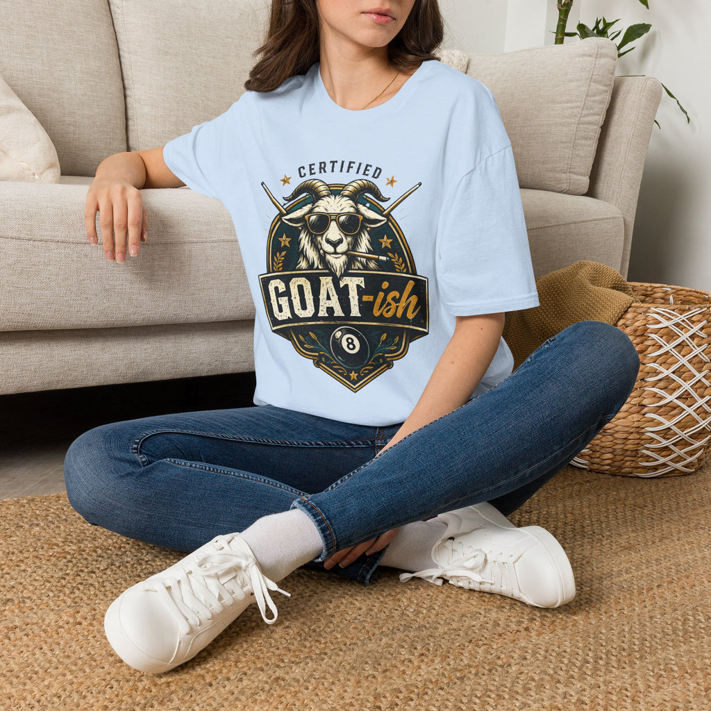 Certified GOAT-ish Funny Billiards T-Shirt | Pool Player Graphic Unisex Tee | 8 Ball Goat Design - Front Only
