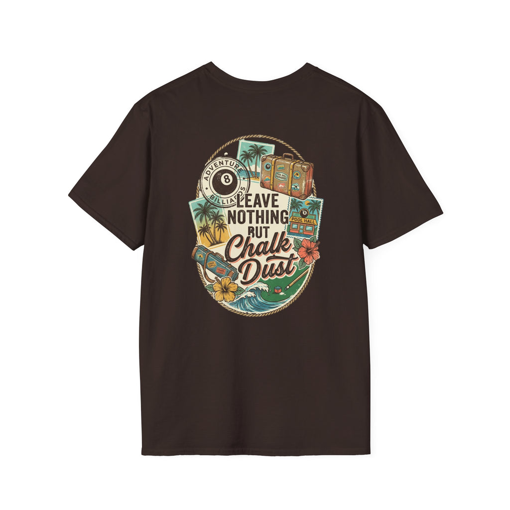 Leave Nothing But Chalk Dust | Tropical Pool Hall Vacation Billiards T-Shirt | Front & Back Graphic Tee