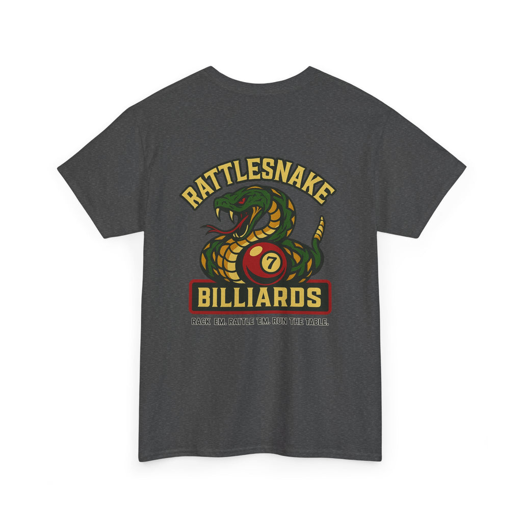 Rattlesnake Billiards - Rack 'Em, Rattle 'Em, Run The Table - Strike Hard, Play Bold Tee