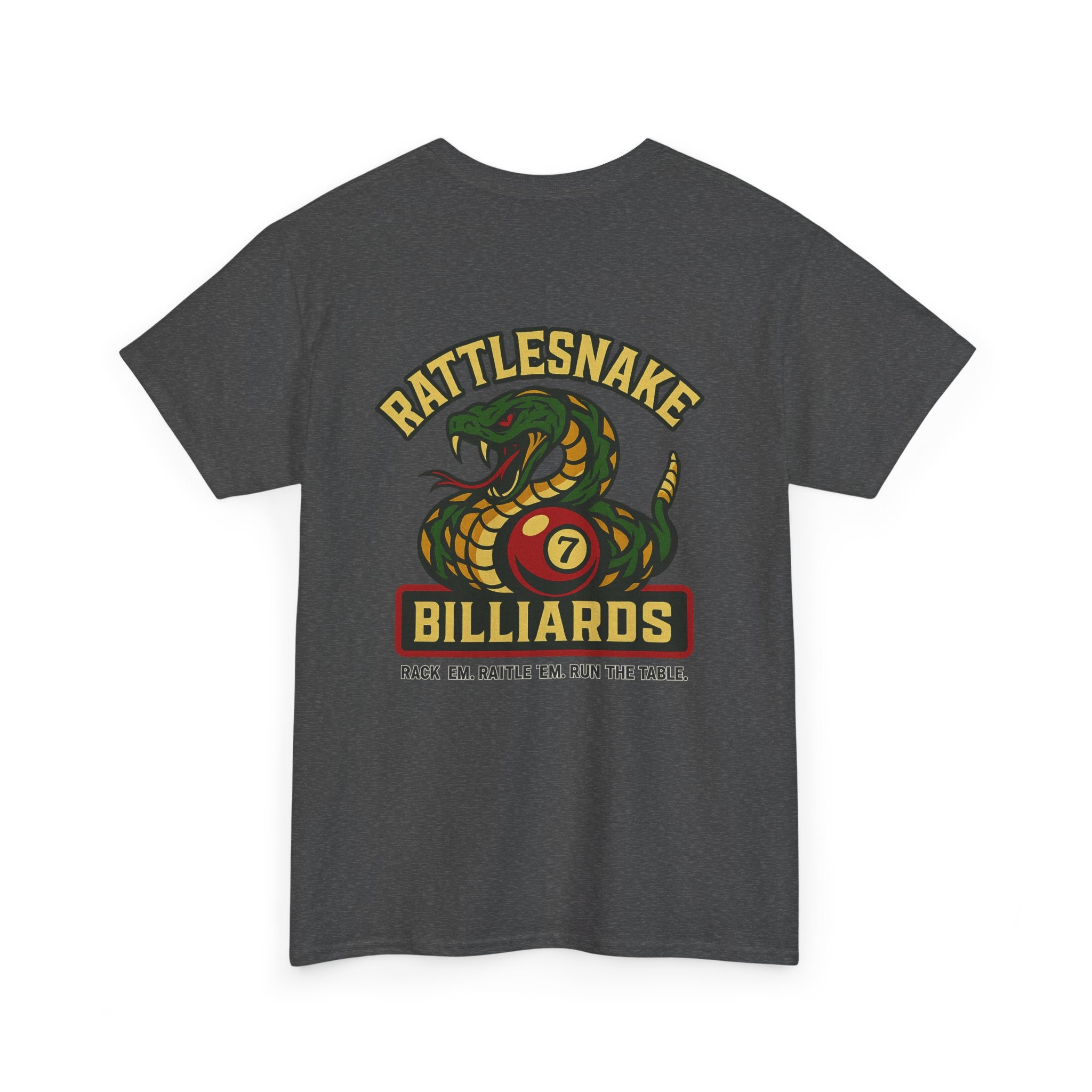 Rattlesnake Billiards - Rack 'Em, Rattle 'Em, Run The Table - Strike Hard, Play Bold Tee