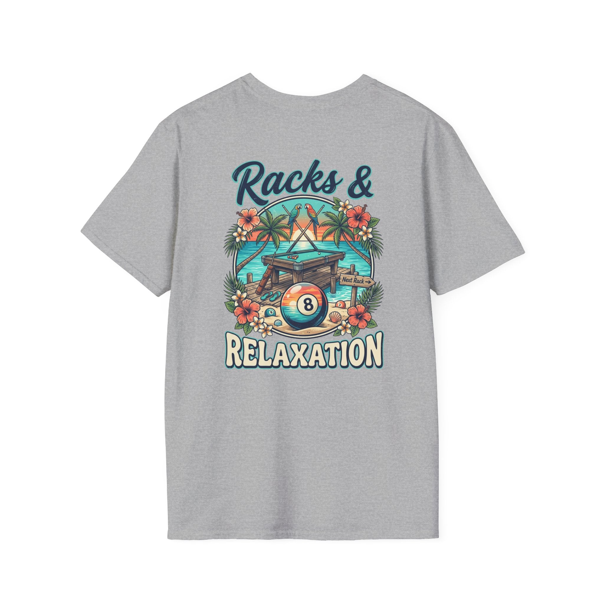 Racks & Relaxation Tropical Billiards T-Shirt | Beach Pool Player Graphic Tee | Front & Back Print