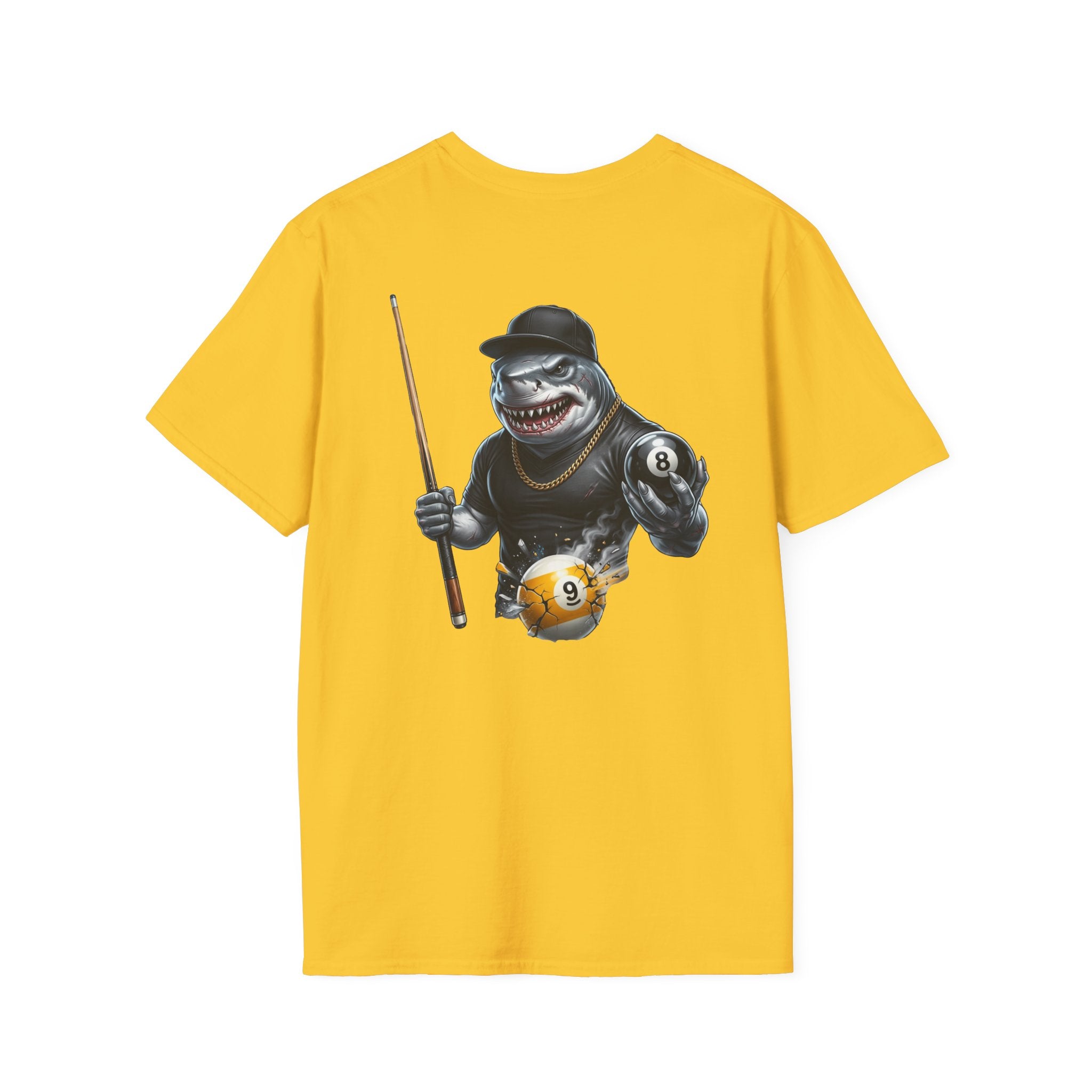 Pool Hall Predator Shark Billiards T-Shirt | Front & Back Print Gangster 8 Ball & Breaking 9 Ball Graphic Unisex Tee