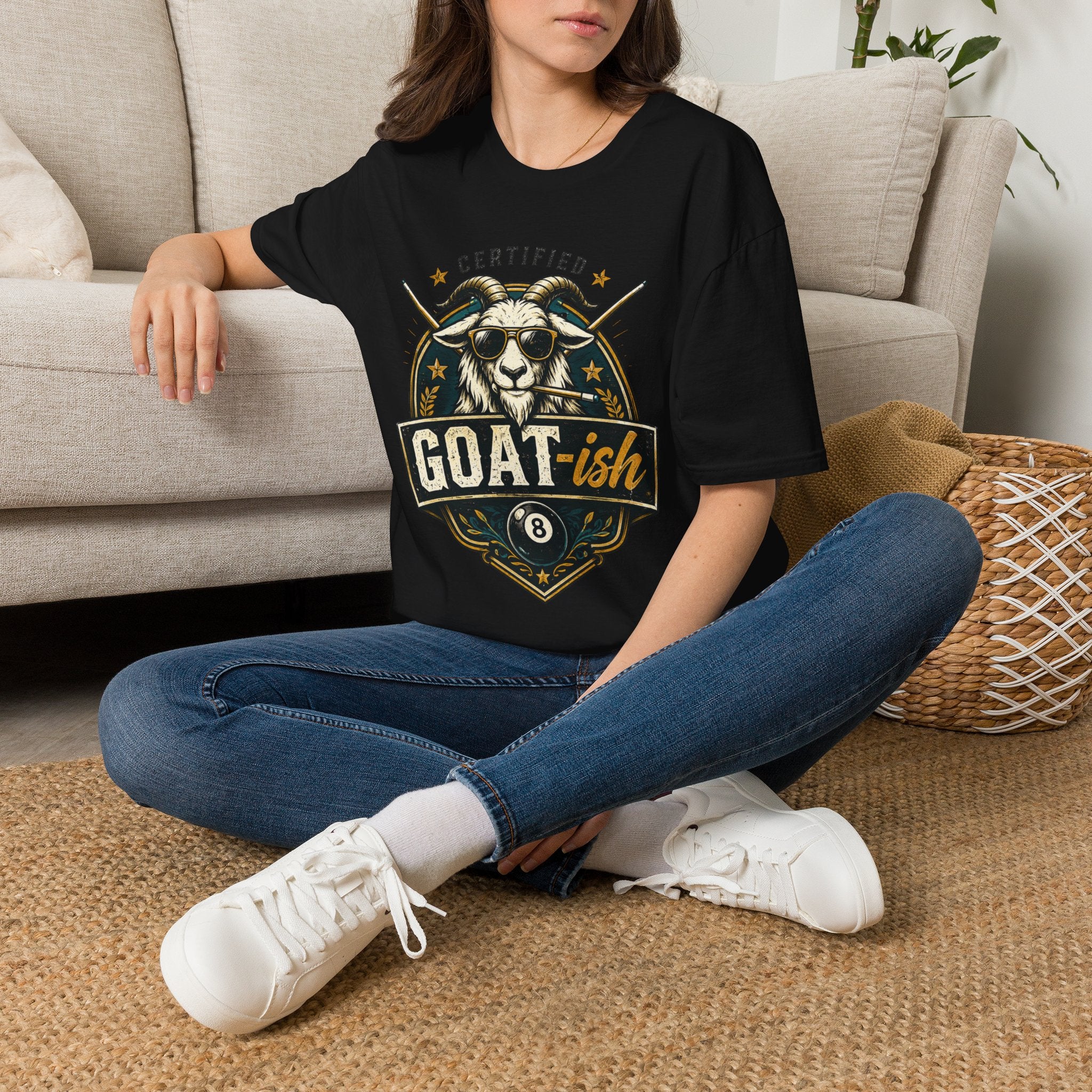 Certified GOAT-ish Funny Billiards T-Shirt | Pool Player Graphic Unisex Tee | 8 Ball Goat Design - Front Only