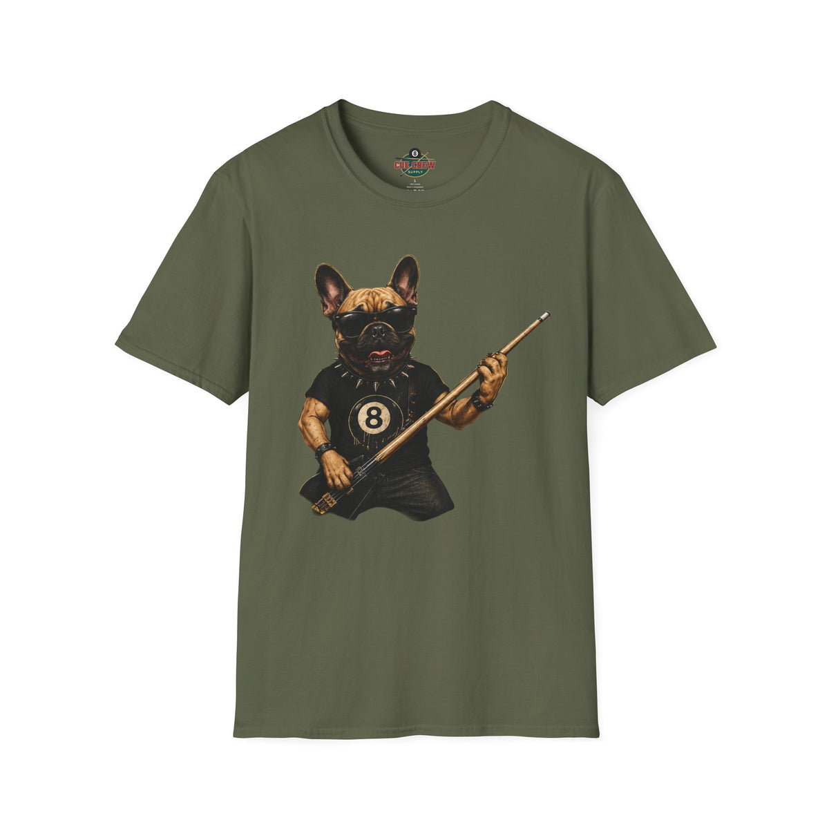 Rockin' French Bulldog Playing Cue Guitar Funny Billiards T-Shirt | Pool Dog Graphic Front Print Unisex Tee
