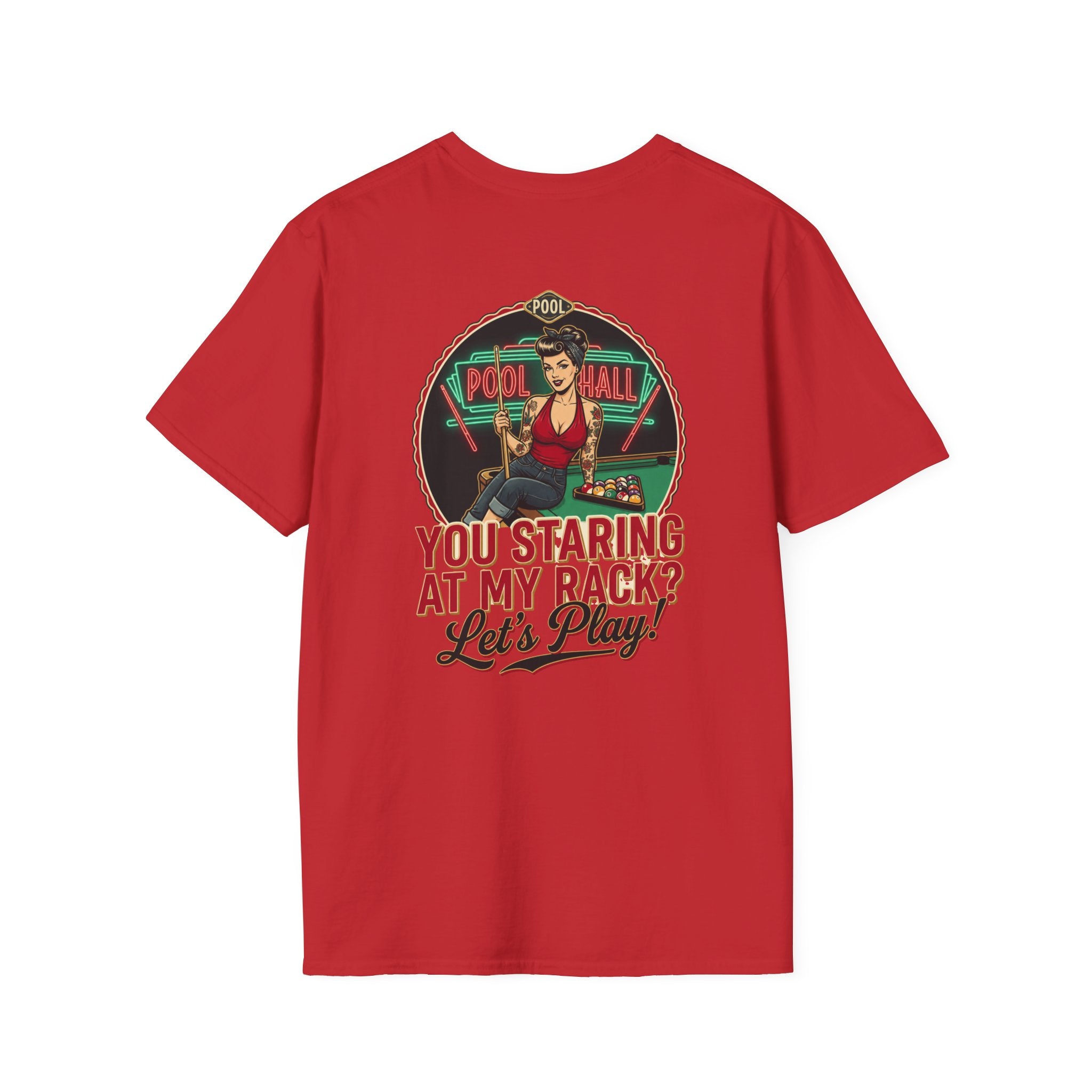 You Staring at My Rack? Let's Play! Funny Billiards T-Shirt | Retro Pool Hall Pin-Up Graphic Tee | Front & Back Print