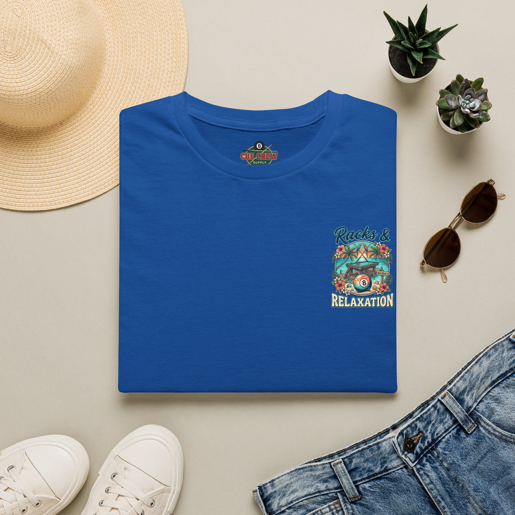 Racks & Relaxation Tropical Billiards T-Shirt | Beach Pool Player Graphic Tee | Front & Back Print