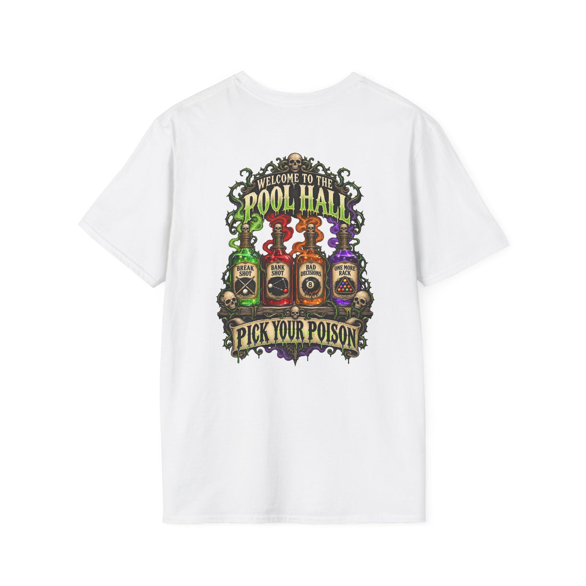 Pick Your Poison – Halloween Billiards T-Shirt – Front & Back Pool Tee | CCS-HST-003