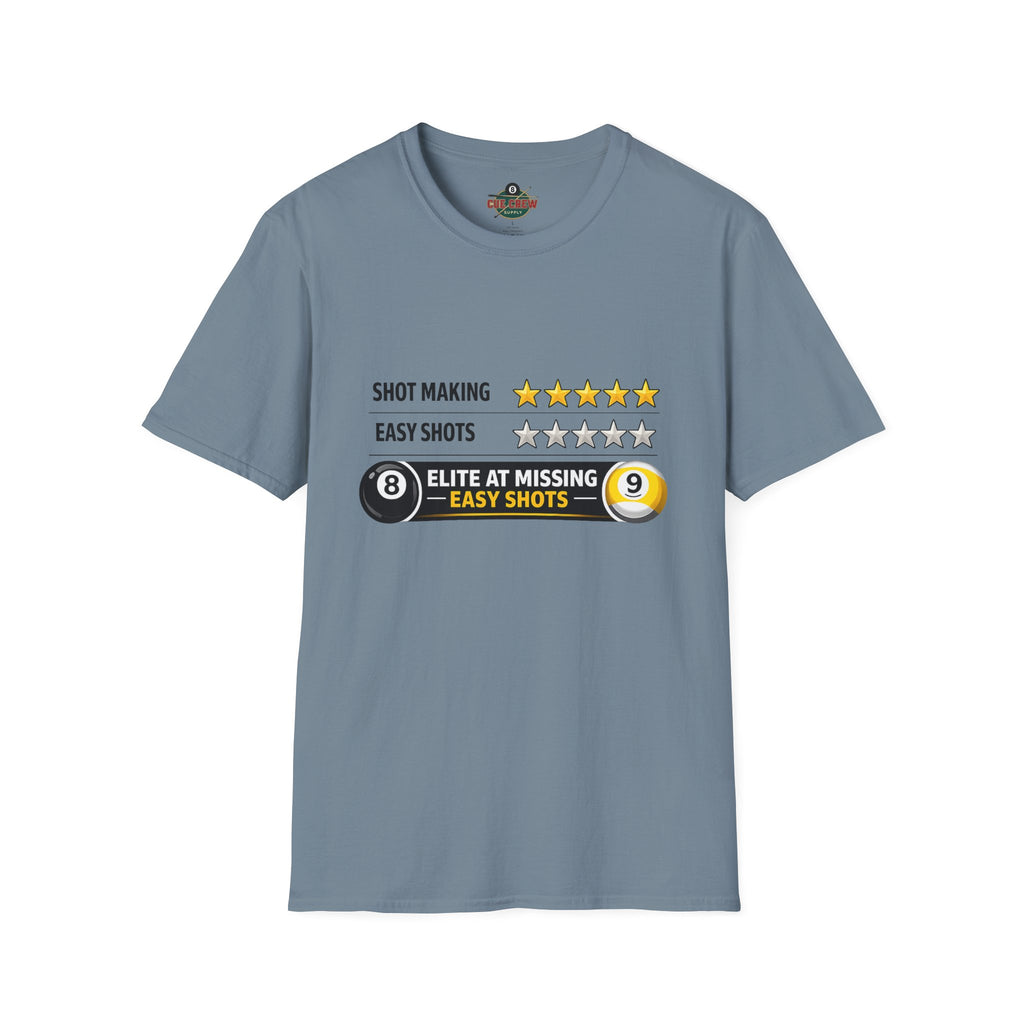 Elite At Missing Easy Shots Funny Billiards T-Shirt | 8 Ball & 9 Ball Graphic Unisex Tee | Front Print Only