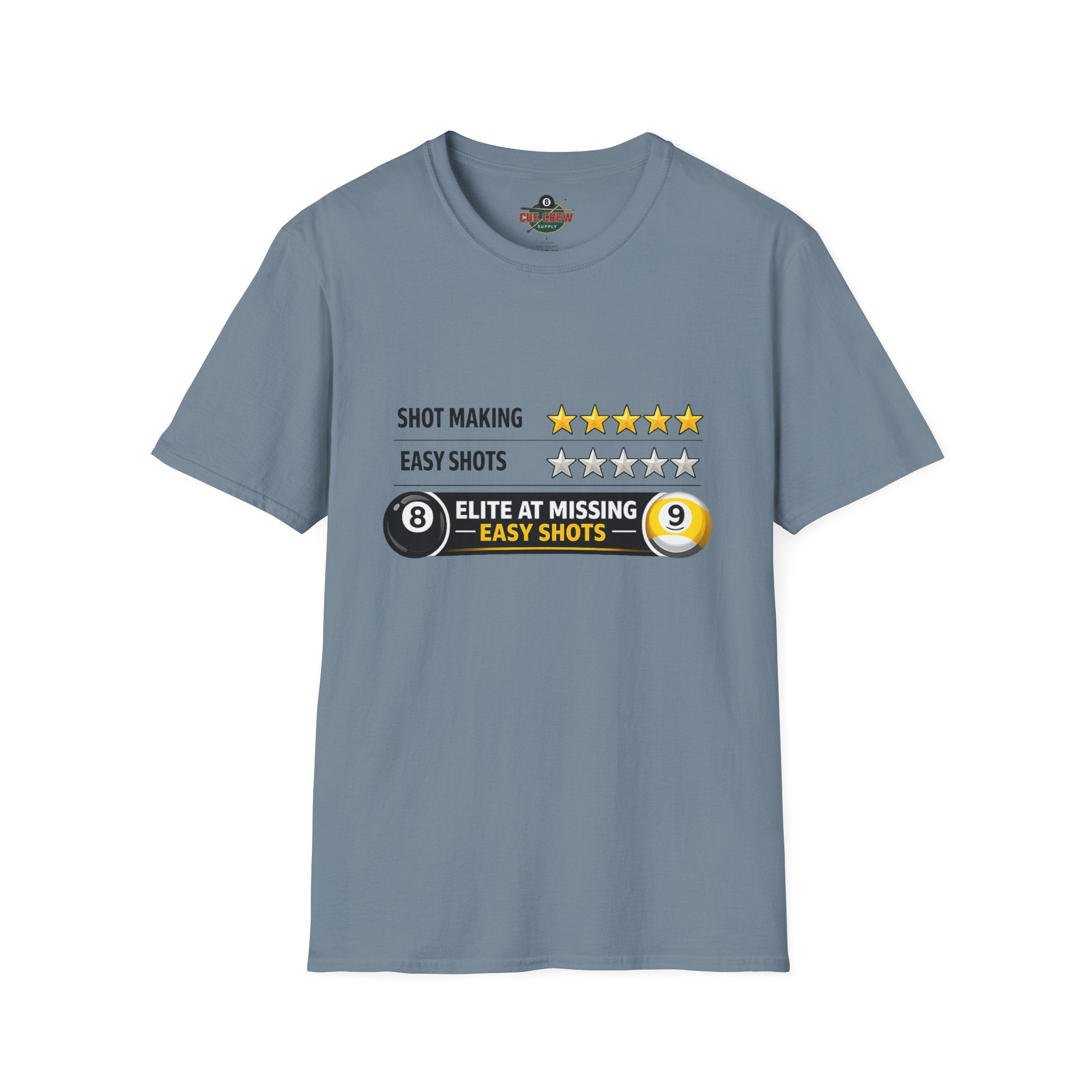 Elite At Missing Easy Shots Funny Billiards T-Shirt | 8 Ball & 9 Ball Graphic Unisex Tee | Front Print Only