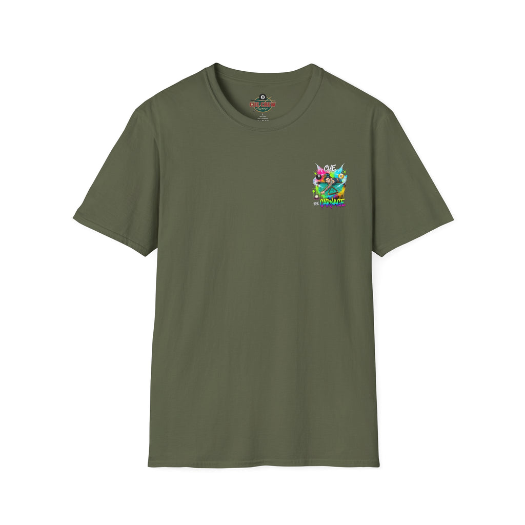Cue the Carnage Funny Billiards T-Shirt – Tattooed Pool Shark Graphic Tee | Front & Back Print