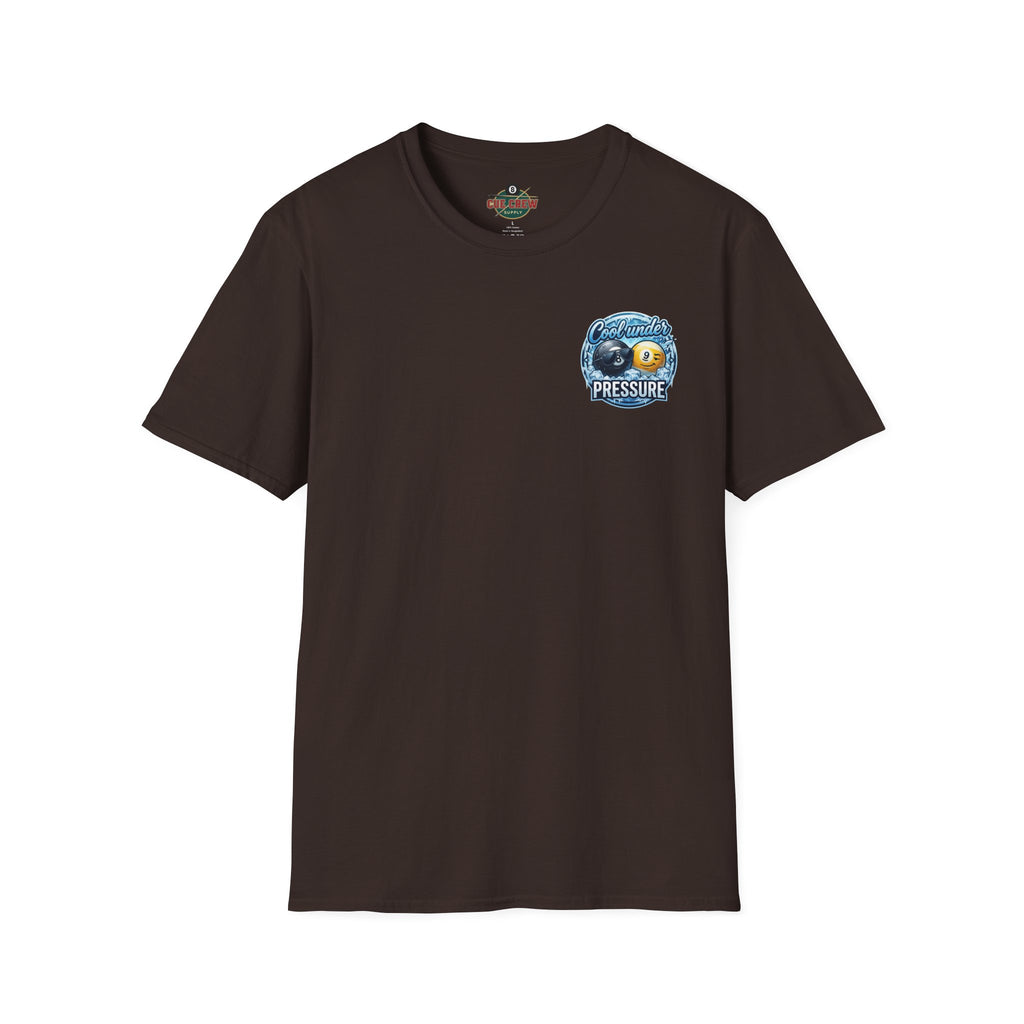 Cool Under Pressure Billiards T-Shirt | Ice Cold 8 Ball & 9 Ball Pool Player Graphic Tee | Front & Back Print
