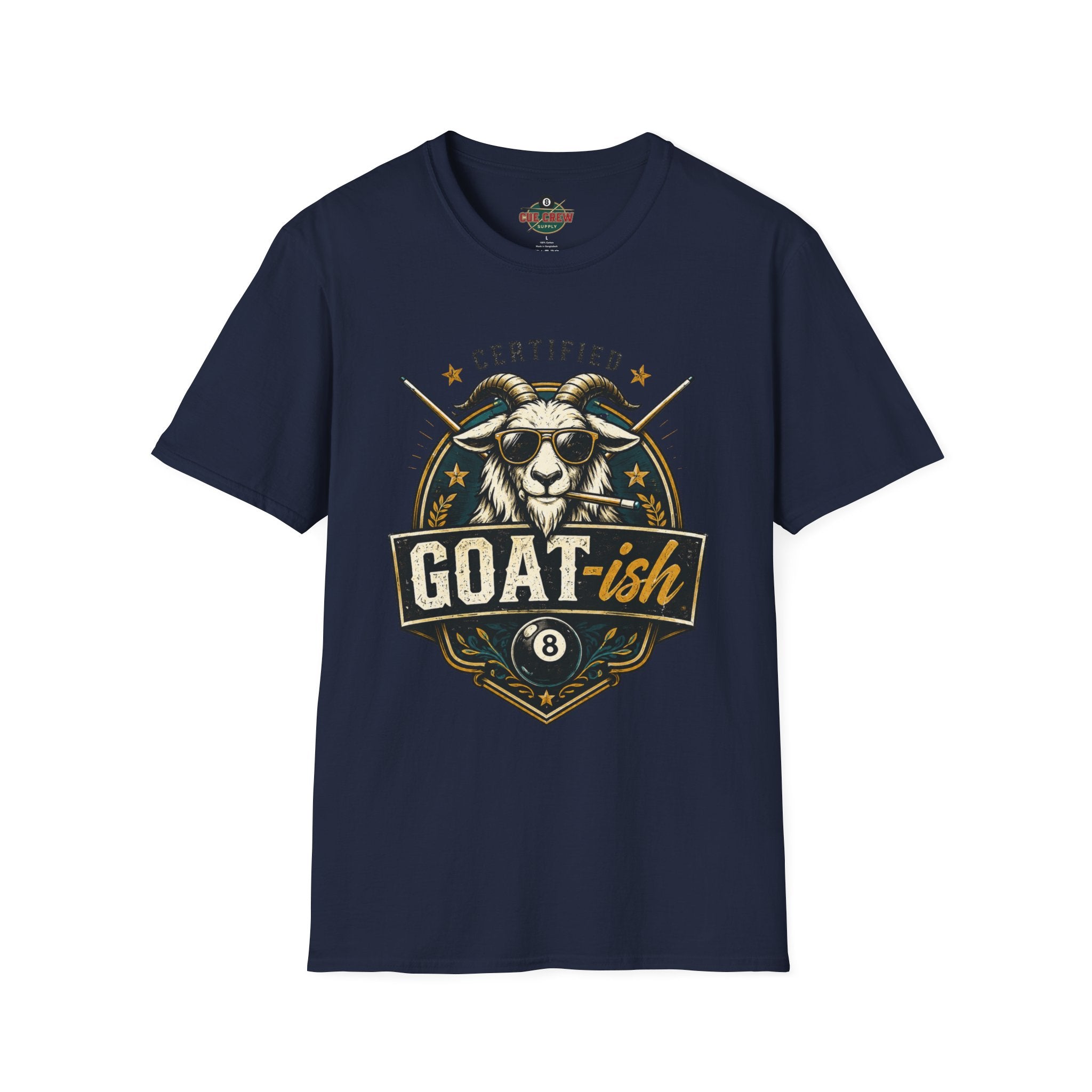 Certified GOAT-ish Funny Billiards T-Shirt | Pool Player Graphic Unisex Tee | 8 Ball Goat Design - Front Only