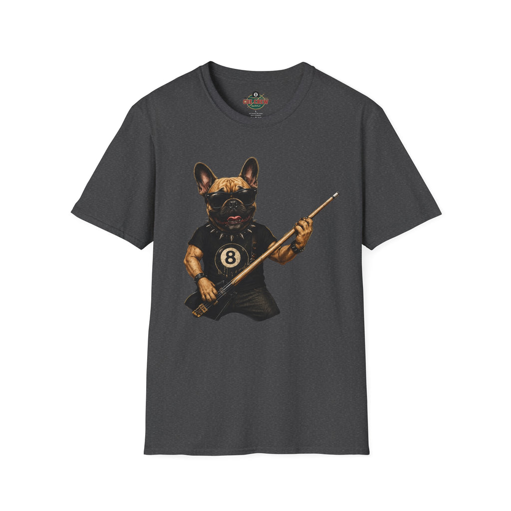 Rockin' French Bulldog Playing Cue Guitar Funny Billiards T-Shirt | Pool Dog Graphic Front Print Unisex Tee