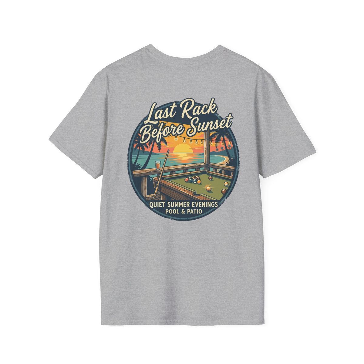 Last Rack Before Sunset Billiards T-Shirt | Tropical Pool Hall Sunset Graphic Tee | Beach Vibes Pool Player Shirt