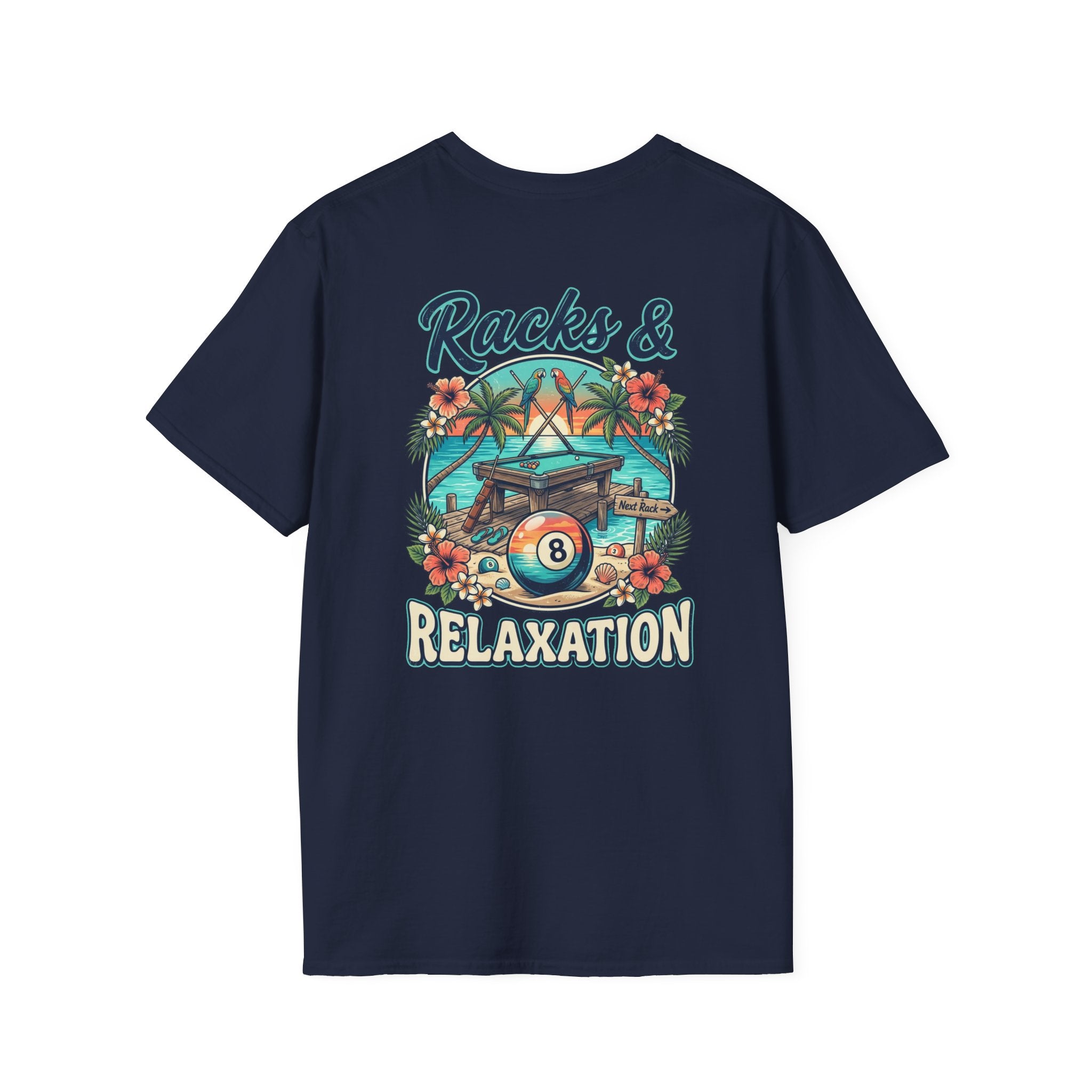 Racks & Relaxation Tropical Billiards T-Shirt | Beach Pool Player Graphic Tee | Front & Back Print