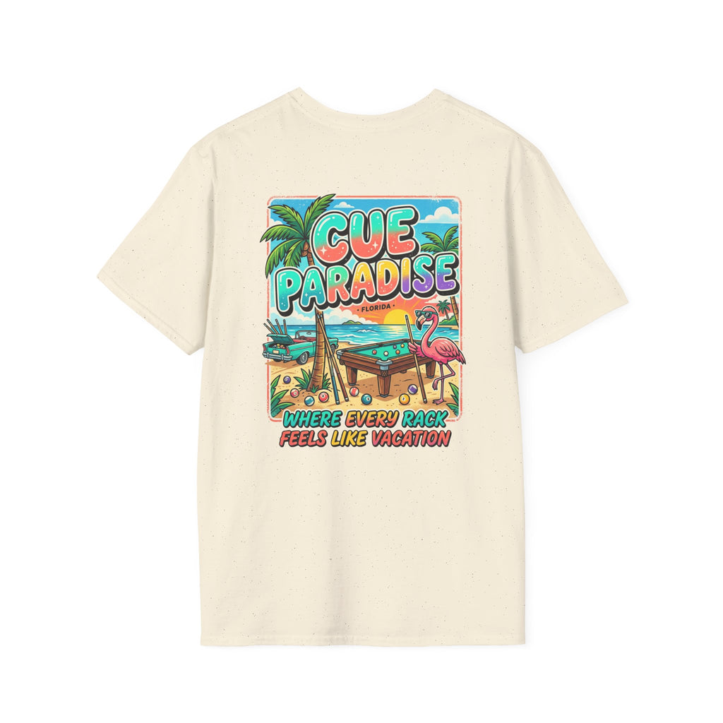 Cue Paradise Florida Billiards T-Shirt | Tropical Pool Player Beach Graphic Tee | Front & Back Print