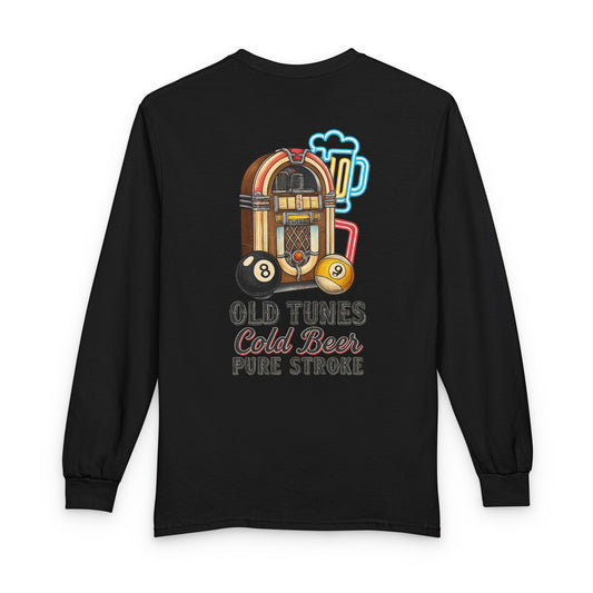 Old Tunes, Cold Beer, Pure Stroke Vintage Jukebox Billiards Long Sleeve Tee