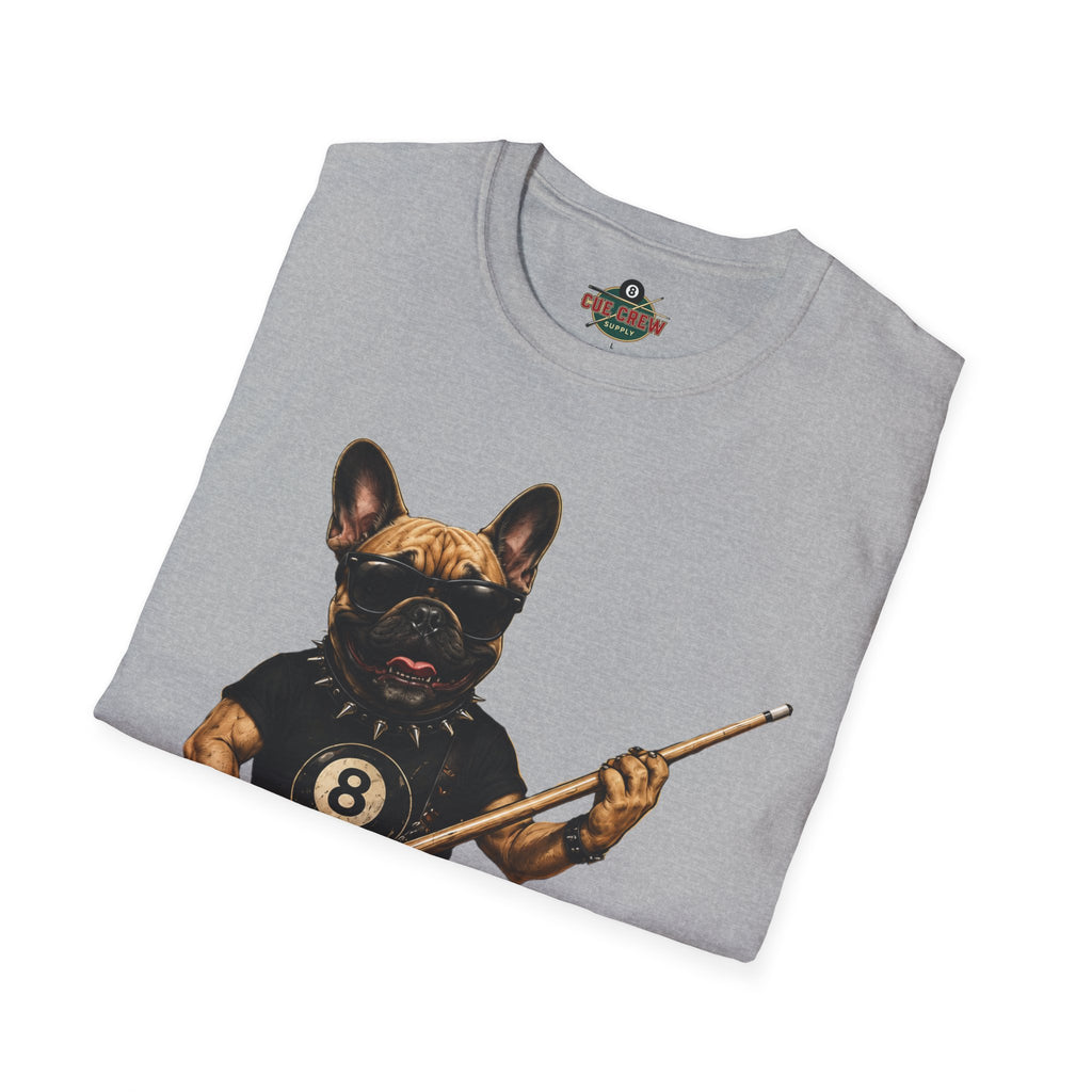 Rockin' French Bulldog Playing Cue Guitar Funny Billiards T-Shirt | Pool Dog Graphic Front Print Unisex Tee