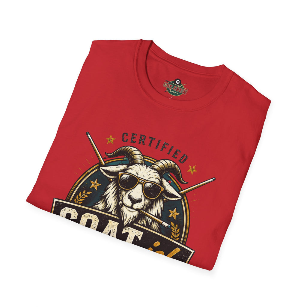 Certified GOAT-ish Funny Billiards T-Shirt | Pool Player Graphic Unisex Tee | 8 Ball Goat Design - Front Only
