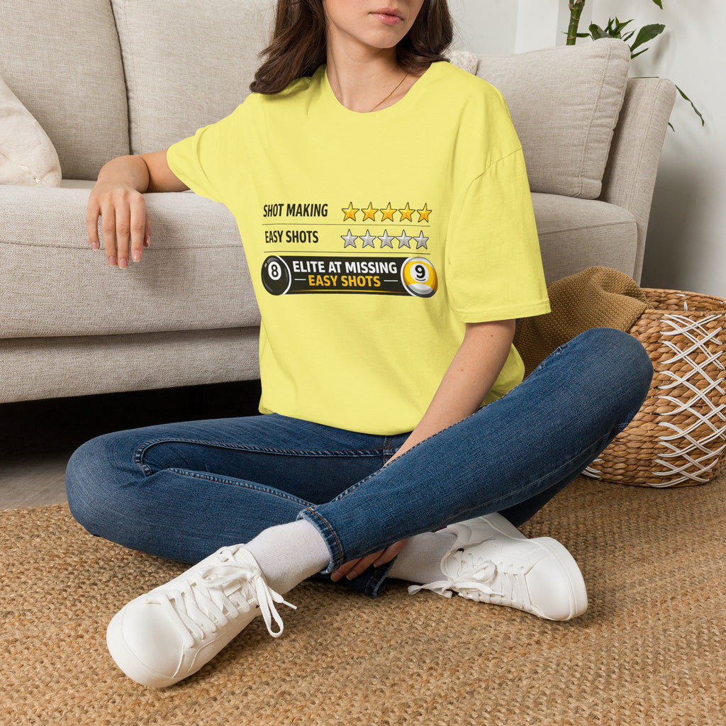 Elite At Missing Easy Shots Funny Billiards T-Shirt | 8 Ball & 9 Ball Graphic Unisex Tee | Front Print Only