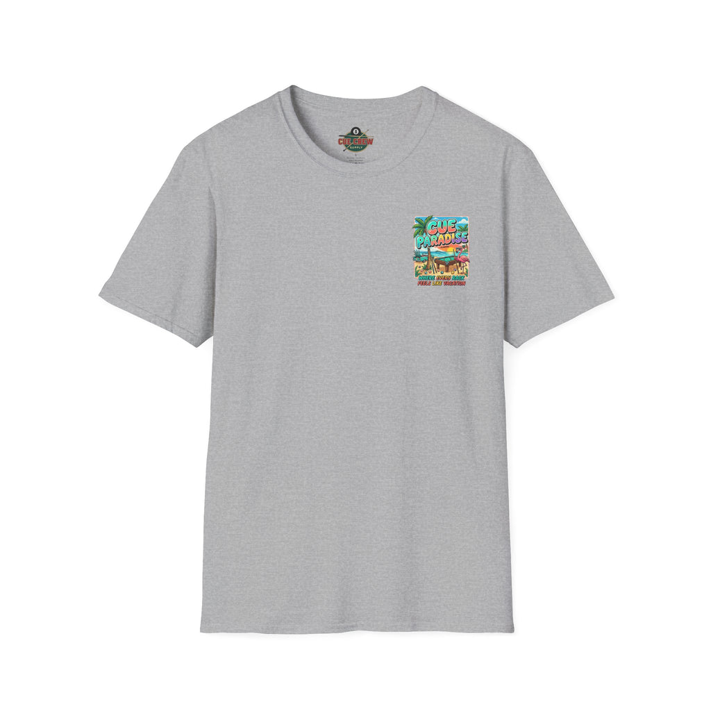 Cue Paradise Florida Billiards T-Shirt | Tropical Pool Player Beach Graphic Tee | Front & Back Print