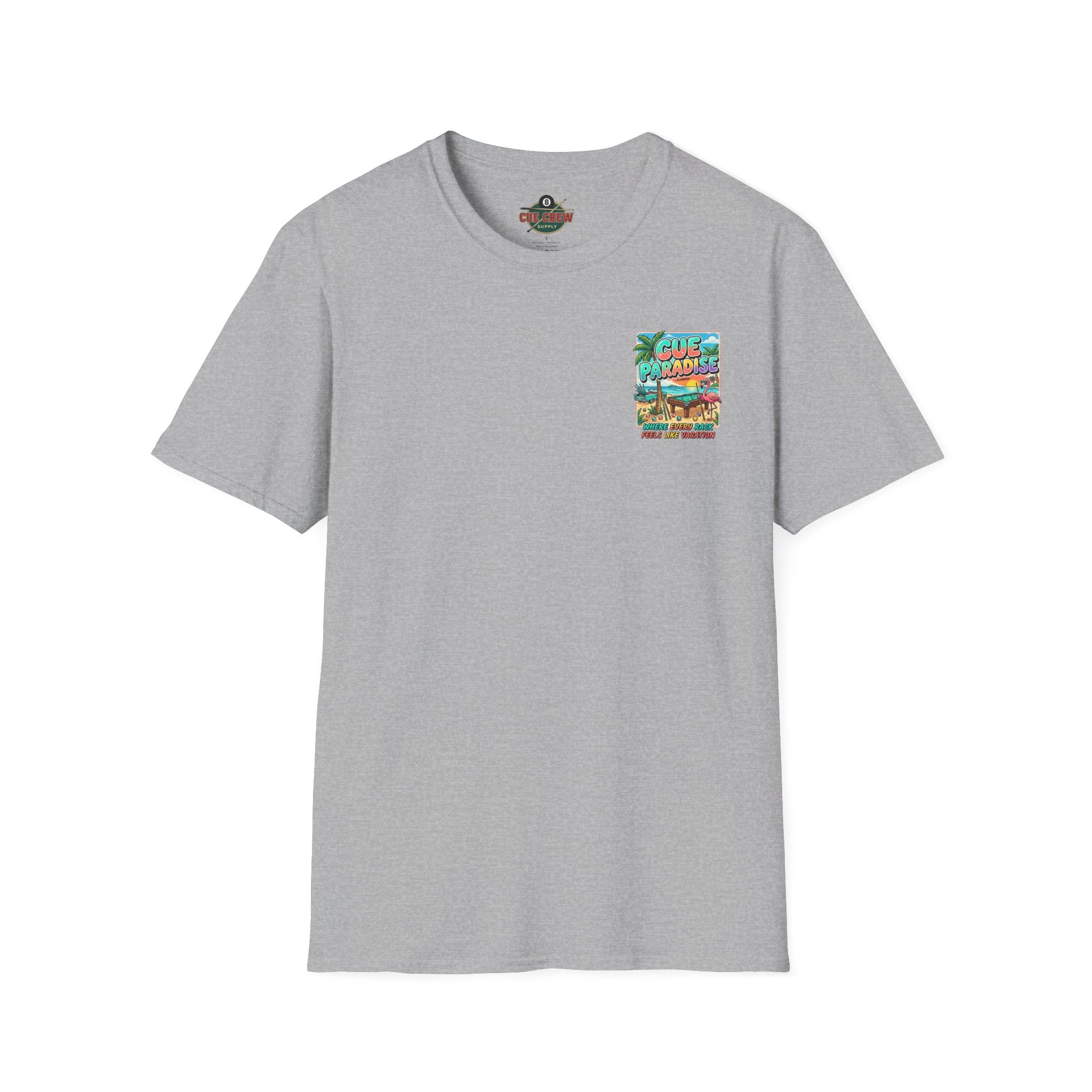 Cue Paradise Florida Billiards T-Shirt | Tropical Pool Player Beach Graphic Tee | Front & Back Print
