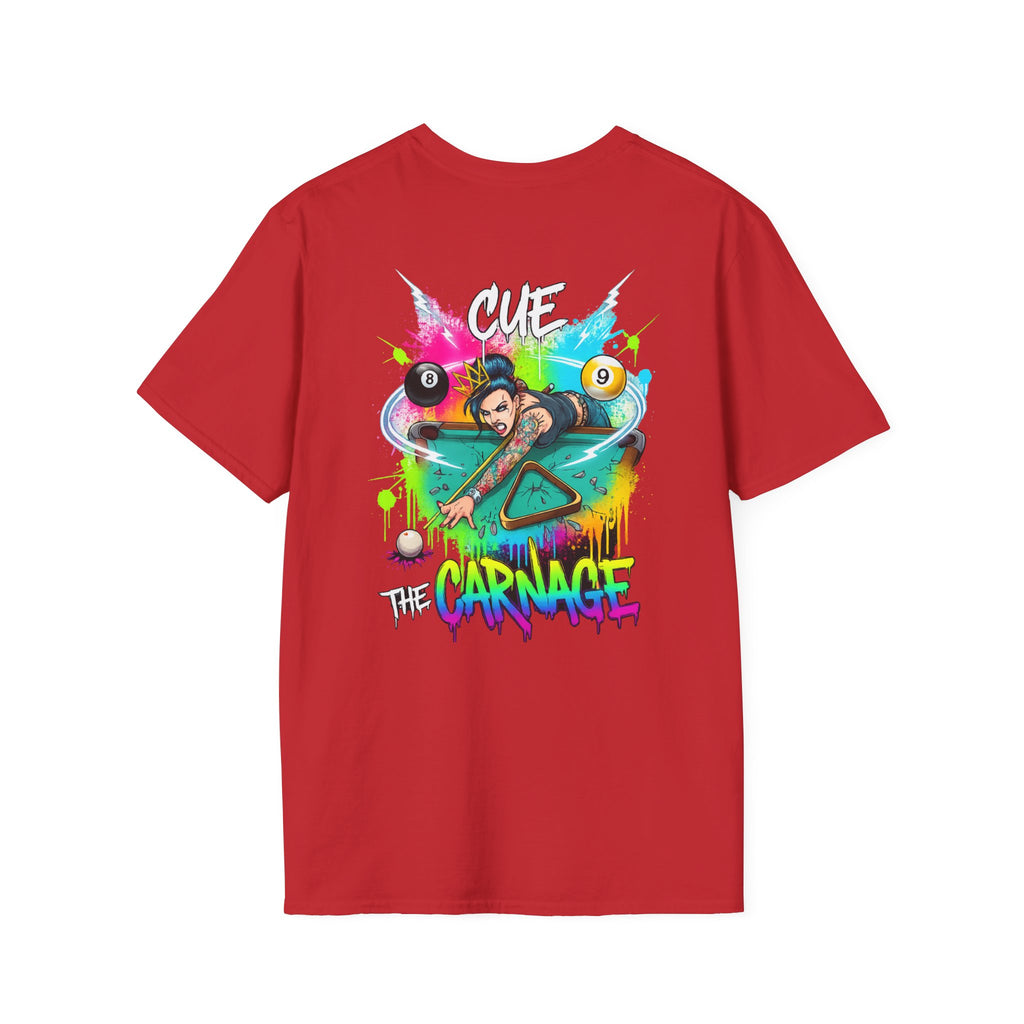 Cue the Carnage Funny Billiards T-Shirt – Tattooed Pool Shark Graphic Tee | Front & Back Print
