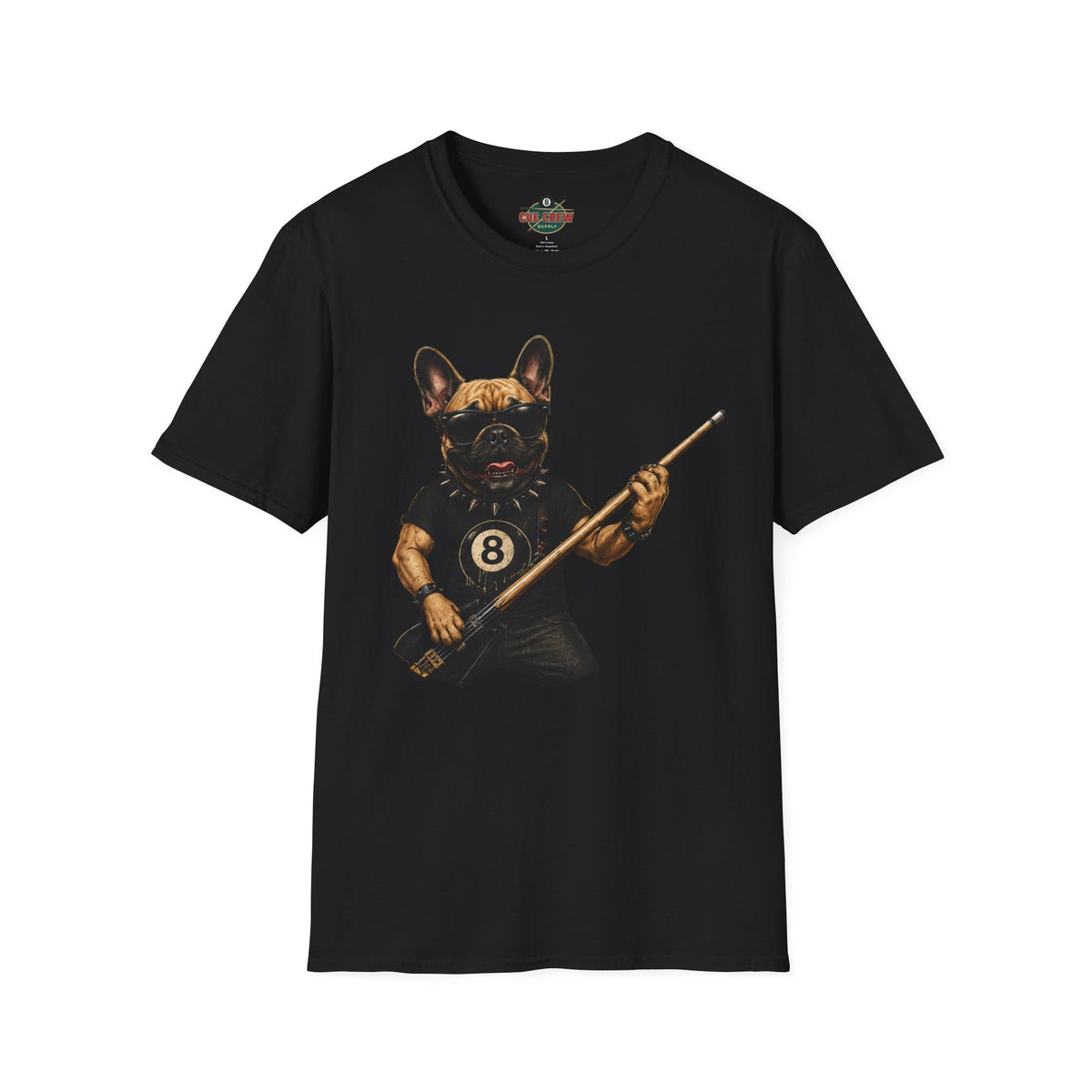 Rockin' French Bulldog Playing Cue Guitar Funny Billiards T-Shirt | Pool Dog Graphic Front Print Unisex Tee