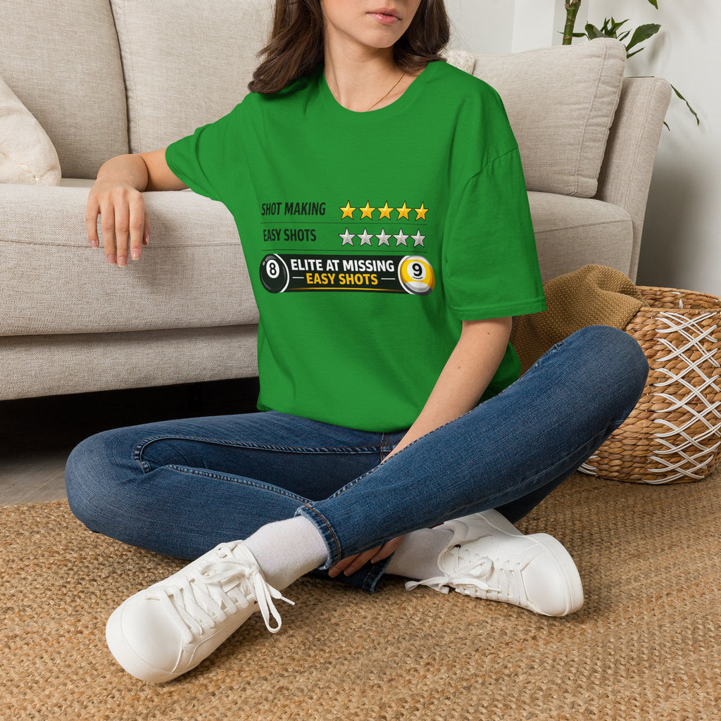 Elite At Missing Easy Shots Funny Billiards T-Shirt | 8 Ball & 9 Ball Graphic Unisex Tee | Front Print Only