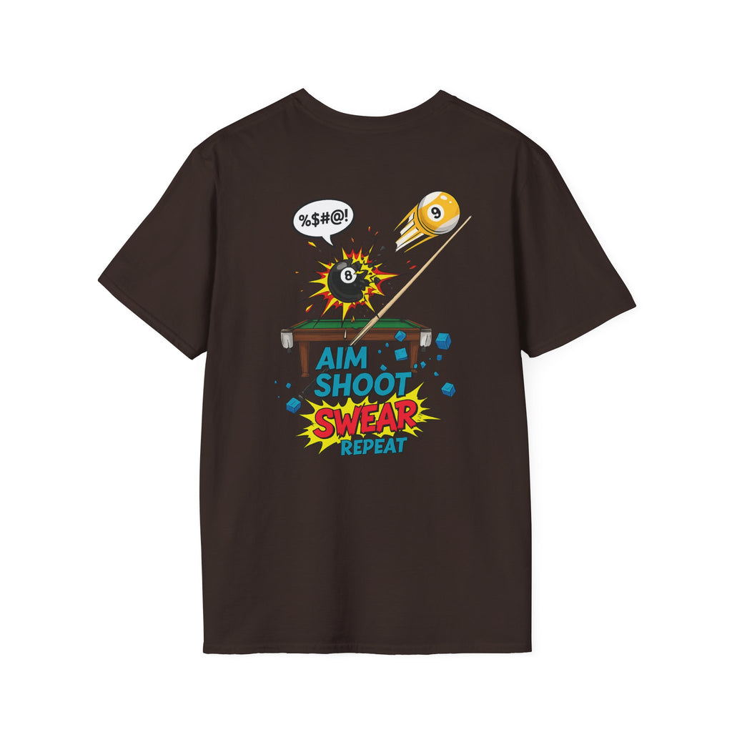 Aim Shoot Swear Repeat Funny Billiards T-Shirt | Comic Pool Player Graphic Tee | Front & Back Print