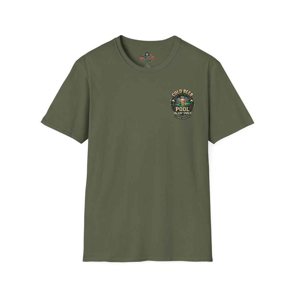 Cold Beer, Pool & Talkin' Smack Billiards T-Shirt | Funny Pool Player Graphic Tee | Front & Back Print