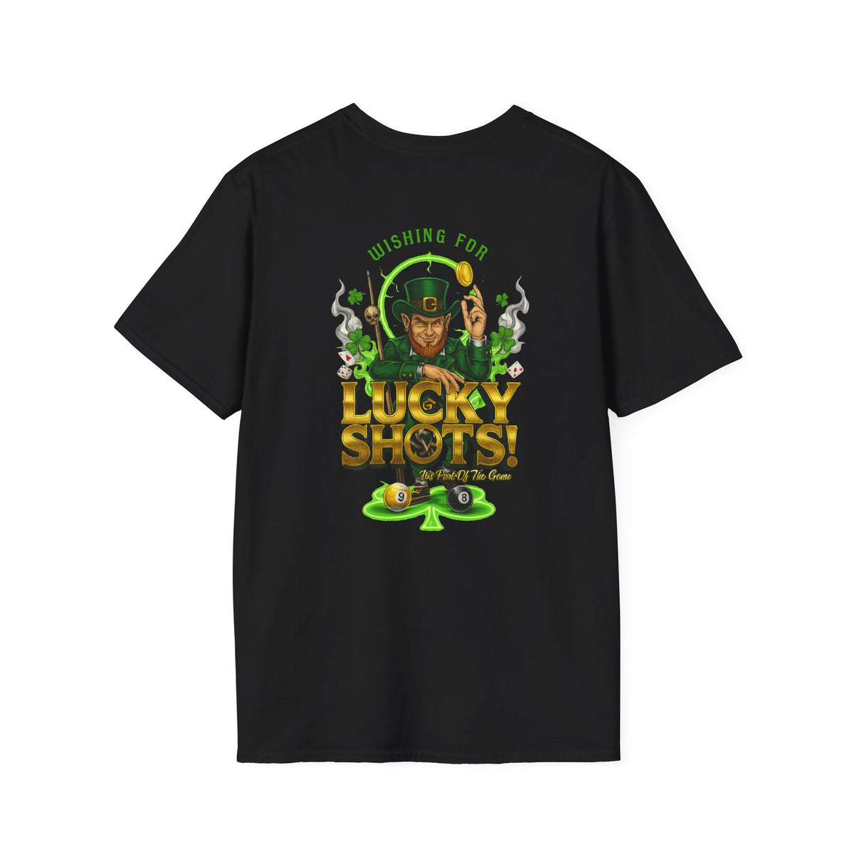 Wishing for Lucky Shots! Funny St. Patrick's Day Pool Player T-Shirt | Irish Billiards Graphic Tee | Front & Back Print