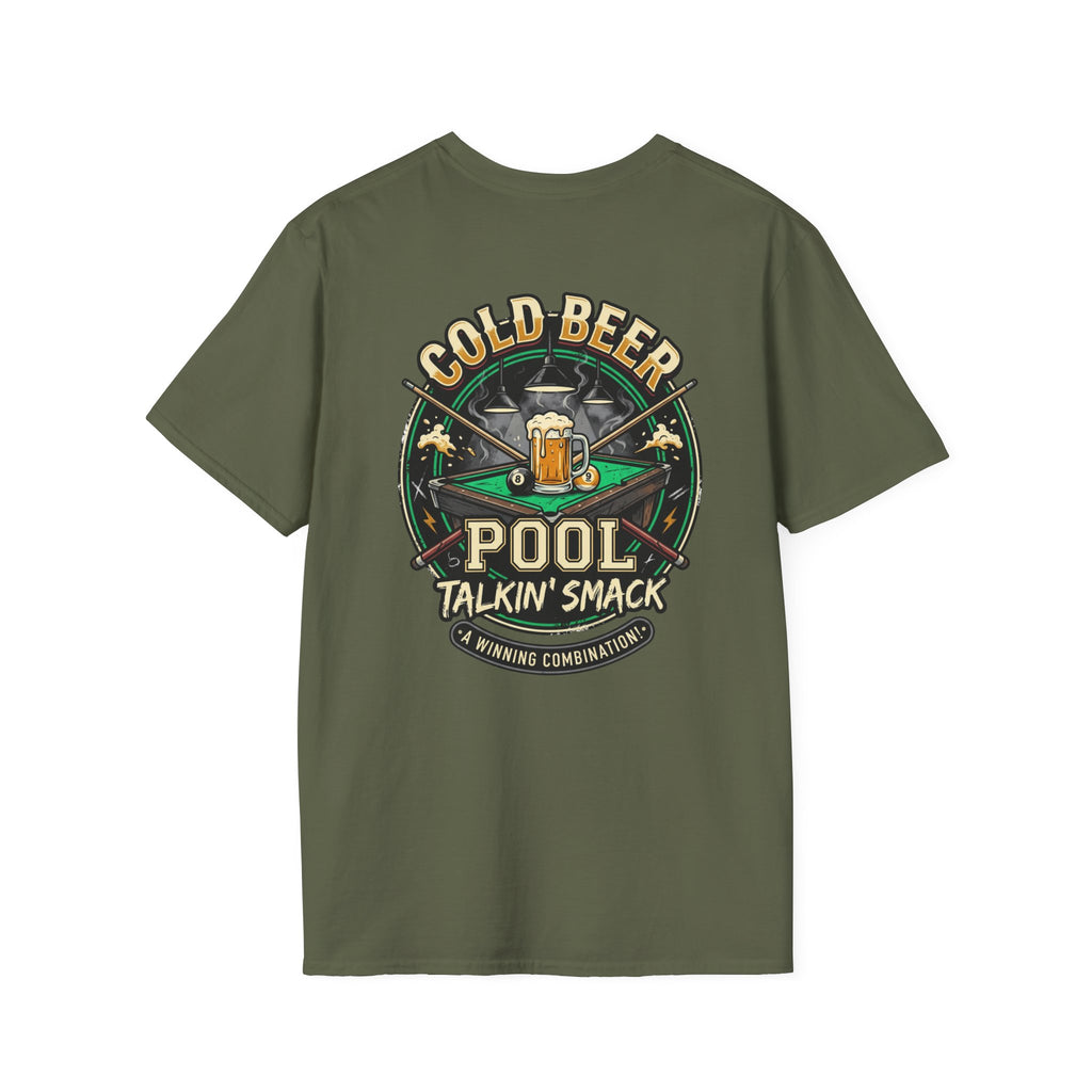 Cold Beer, Pool & Talkin' Smack Billiards T-Shirt | Funny Pool Player Graphic Tee | Front & Back Print