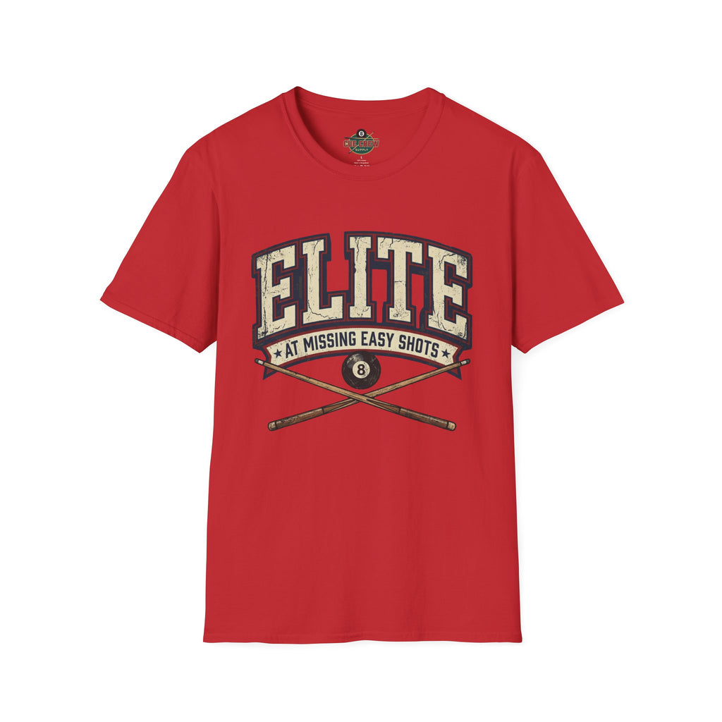 Elite at Missing Easy Shots V2 Funny Billiards T-Shirt | Vintage 8 Ball Pool Player Graphic Unisex Tee