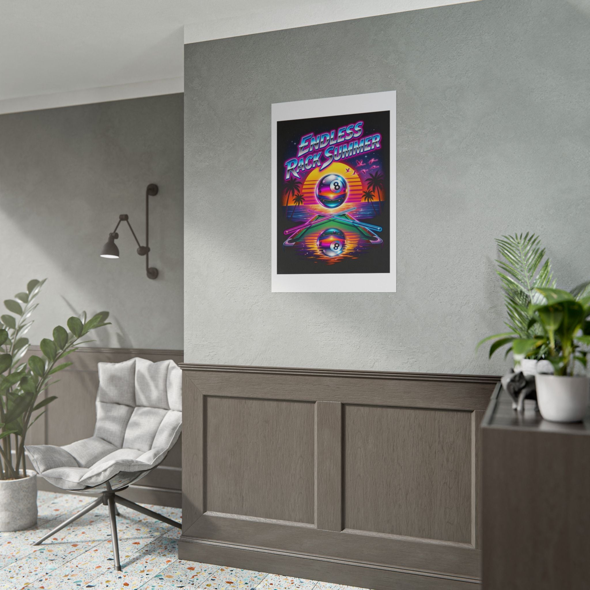Endless Rack Summer Retro Sunset Billiards Poster | 24x36" Vintage Neon 8 Ball Pool Wall Art | Pool Hall Decor