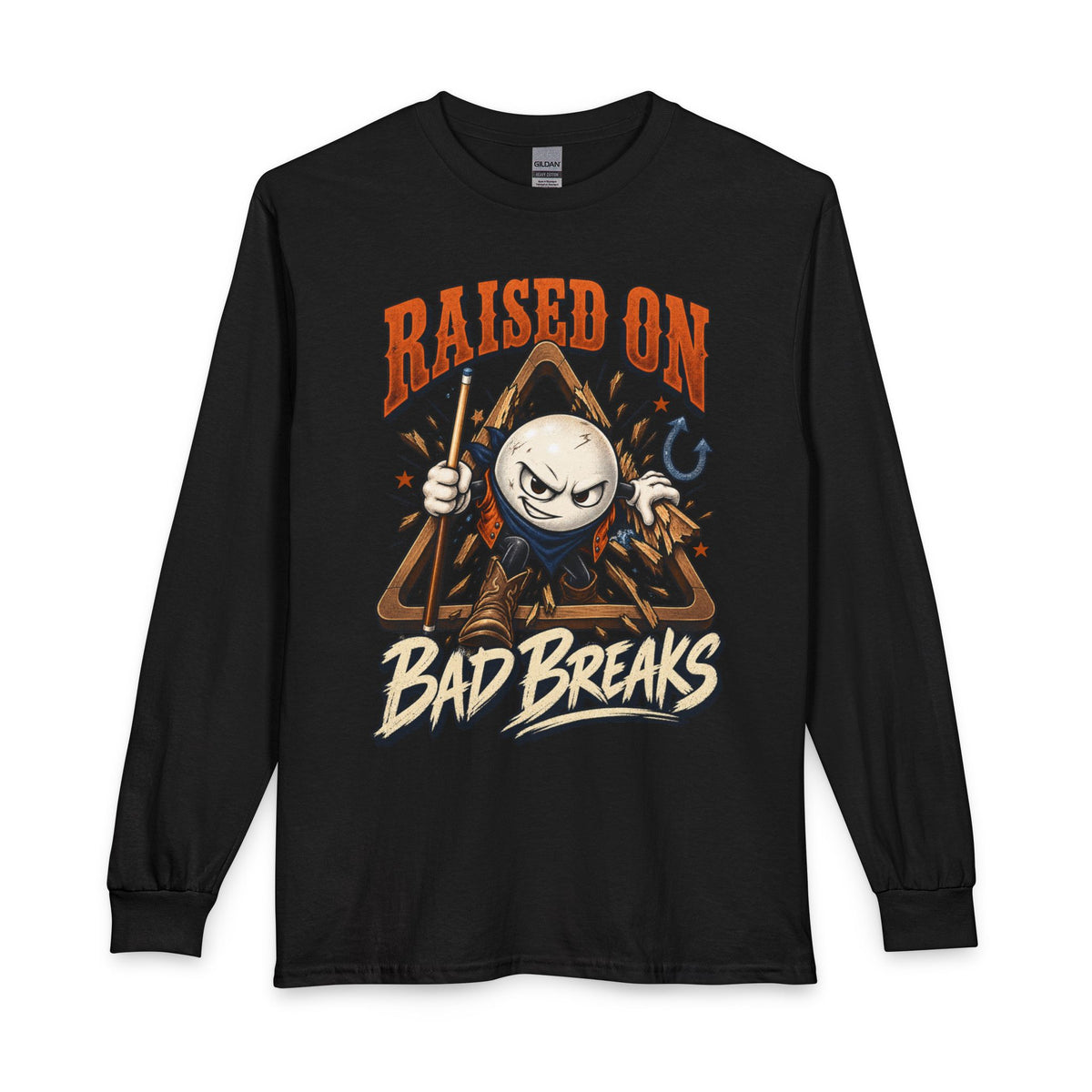 Raised on Bad Breaks – Funny Billiards Long Sleeve T-Shirt – Cue Crew Essentials CCS-ELST-004