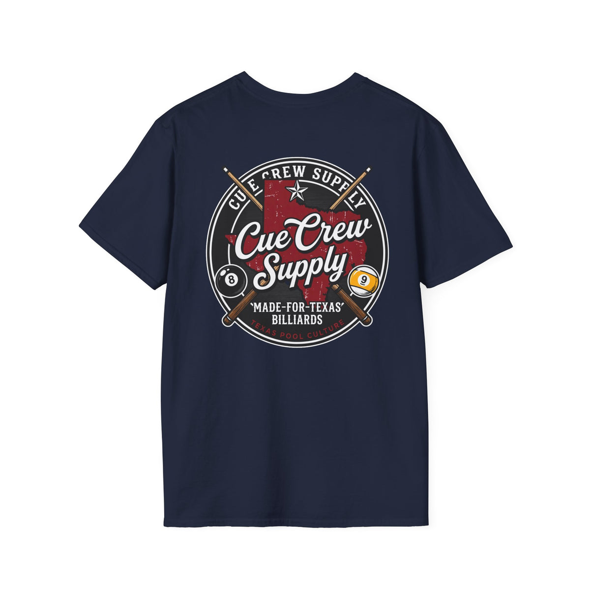 Cue Crew Supply Texas Billiards T-Shirt | Made for Texas Pool Players Graphic Tee | Front & Back Print