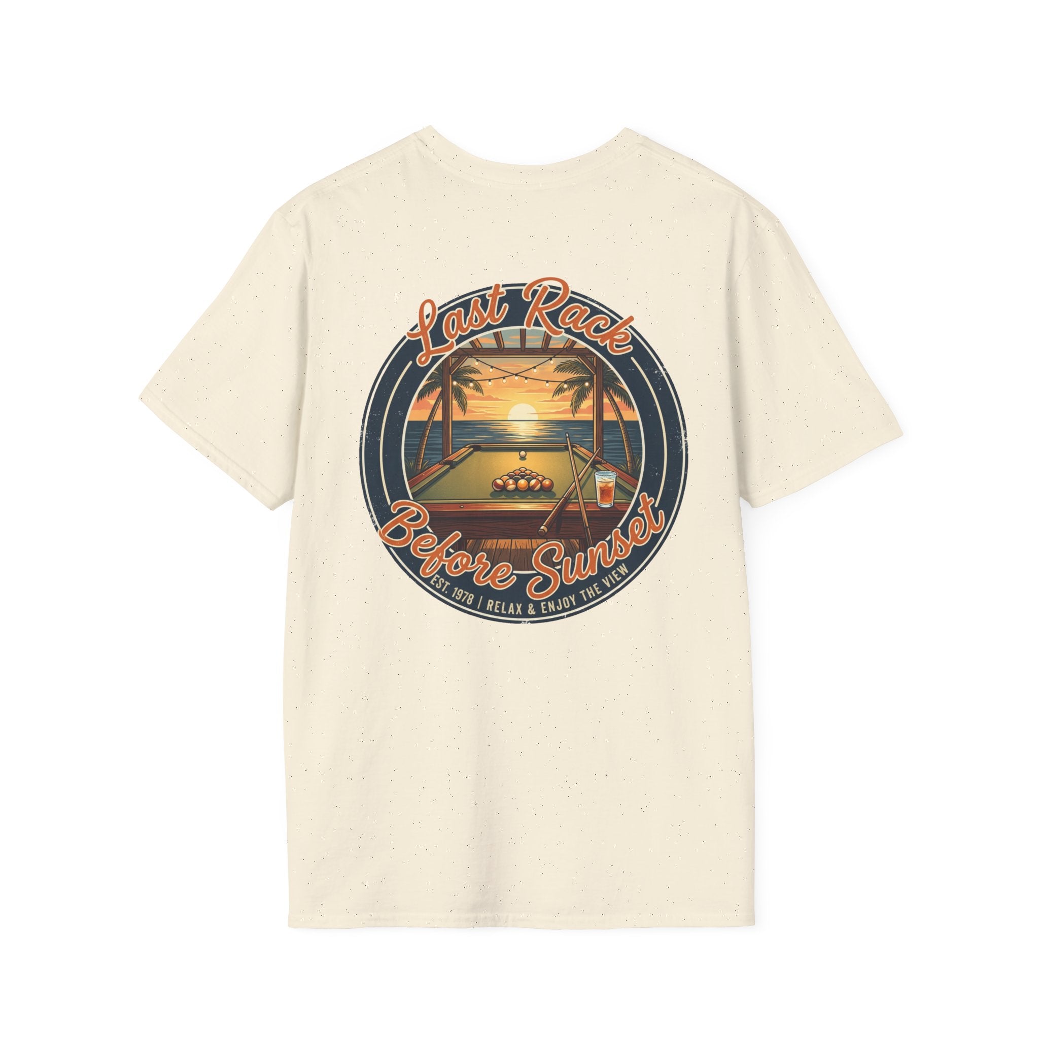 Last Rack Before Sunset Billiards T-Shirt | Tropical Pool Player Beach Graphic Tee | Front & Back Print