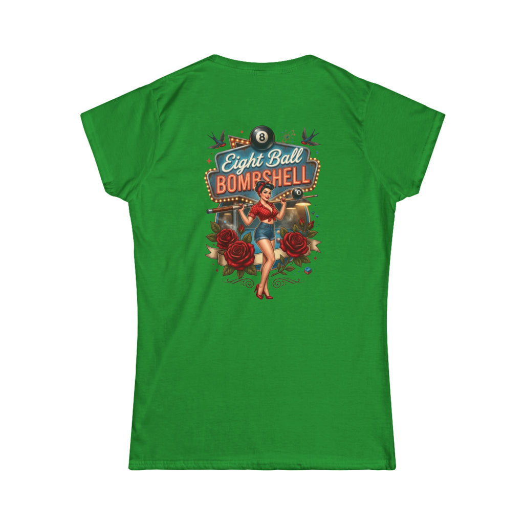 Eight Ball Bombshell V2 Women's Billiards T-Shirt | Retro Pin-Up Pool Player Graphic Tee | Front & Back Print