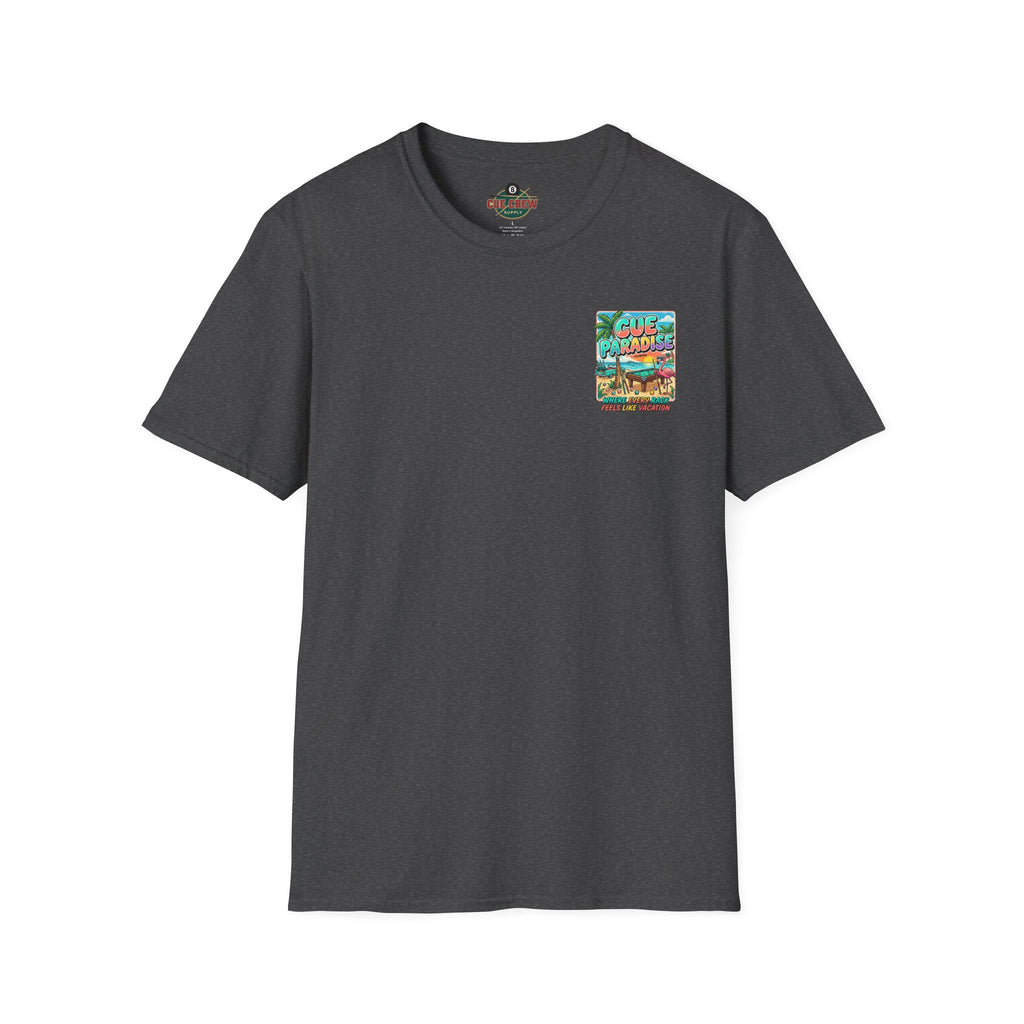 Cue Paradise Florida Billiards T-Shirt | Tropical Pool Player Beach Graphic Tee | Front & Back Print