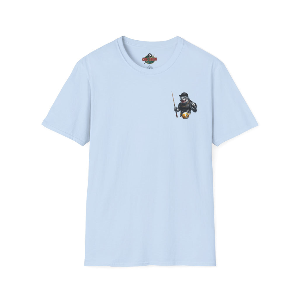 Pool Hall Predator Shark Billiards T-Shirt | Front & Back Print Gangster 8 Ball & Breaking 9 Ball Graphic Unisex Tee