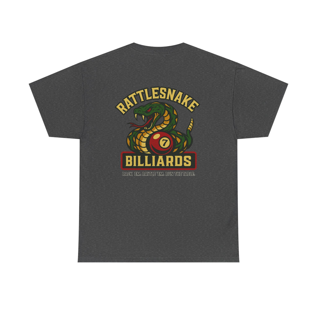 Rattlesnake Billiards - Rack 'Em, Rattle 'Em, Run The Table - Strike Hard, Play Bold Tee