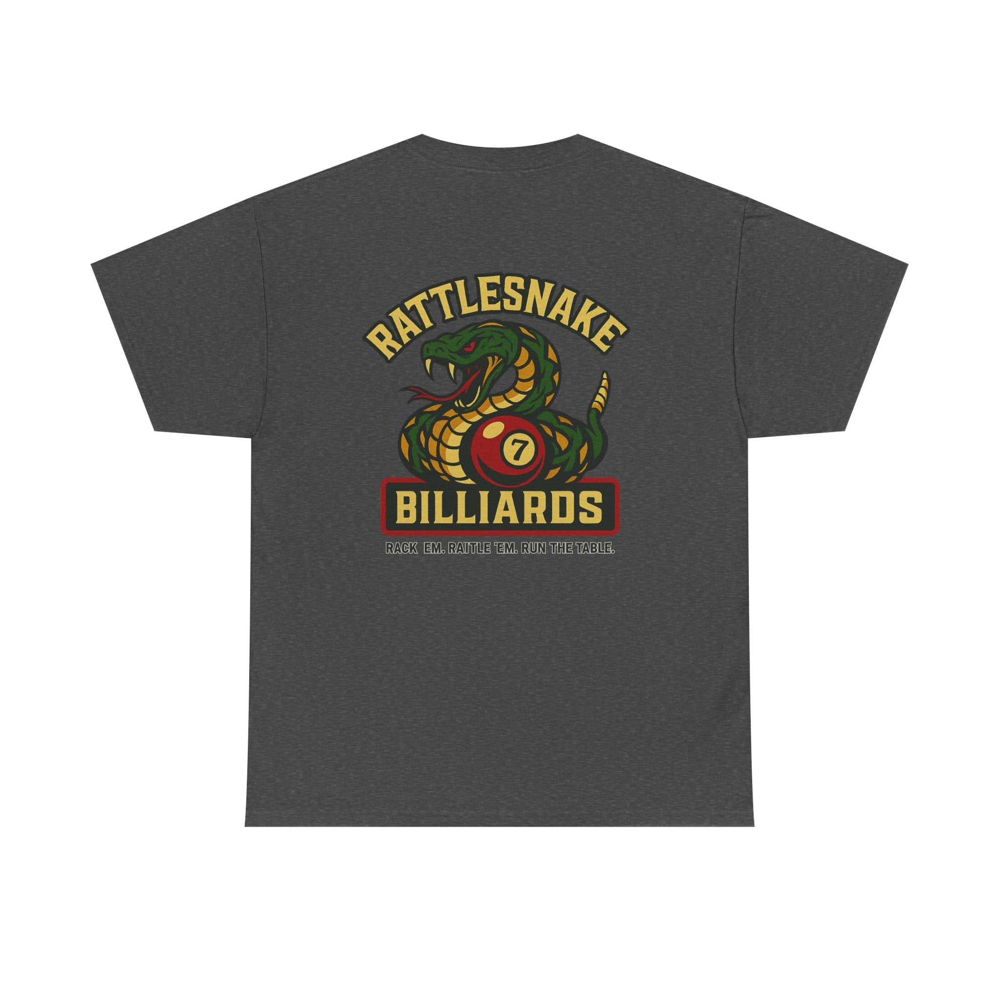 Rattlesnake Billiards - Rack 'Em, Rattle 'Em, Run The Table - Strike Hard, Play Bold Tee