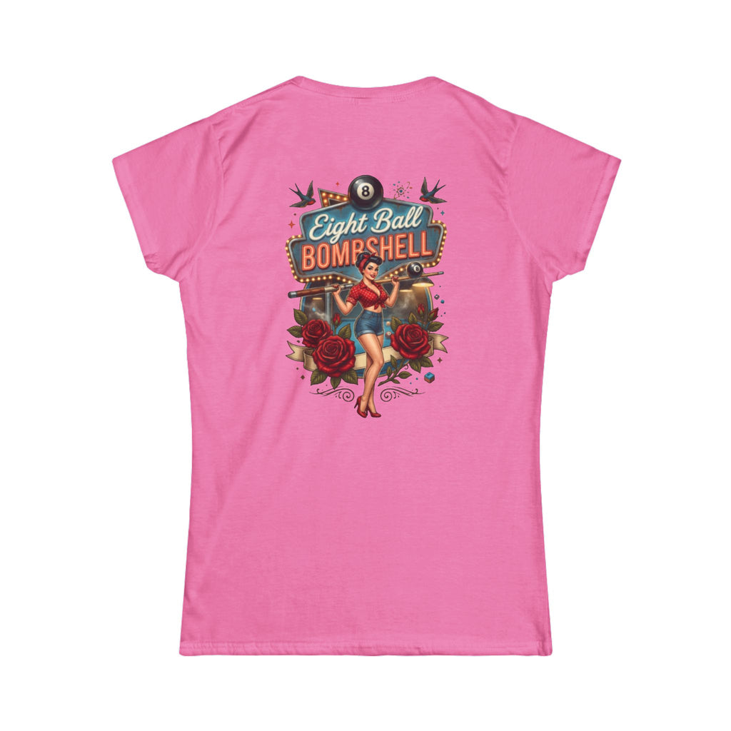 Eight Ball Bombshell V2 Women's Billiards T-Shirt | Retro Pin-Up Pool Player Graphic Tee | Front & Back Print