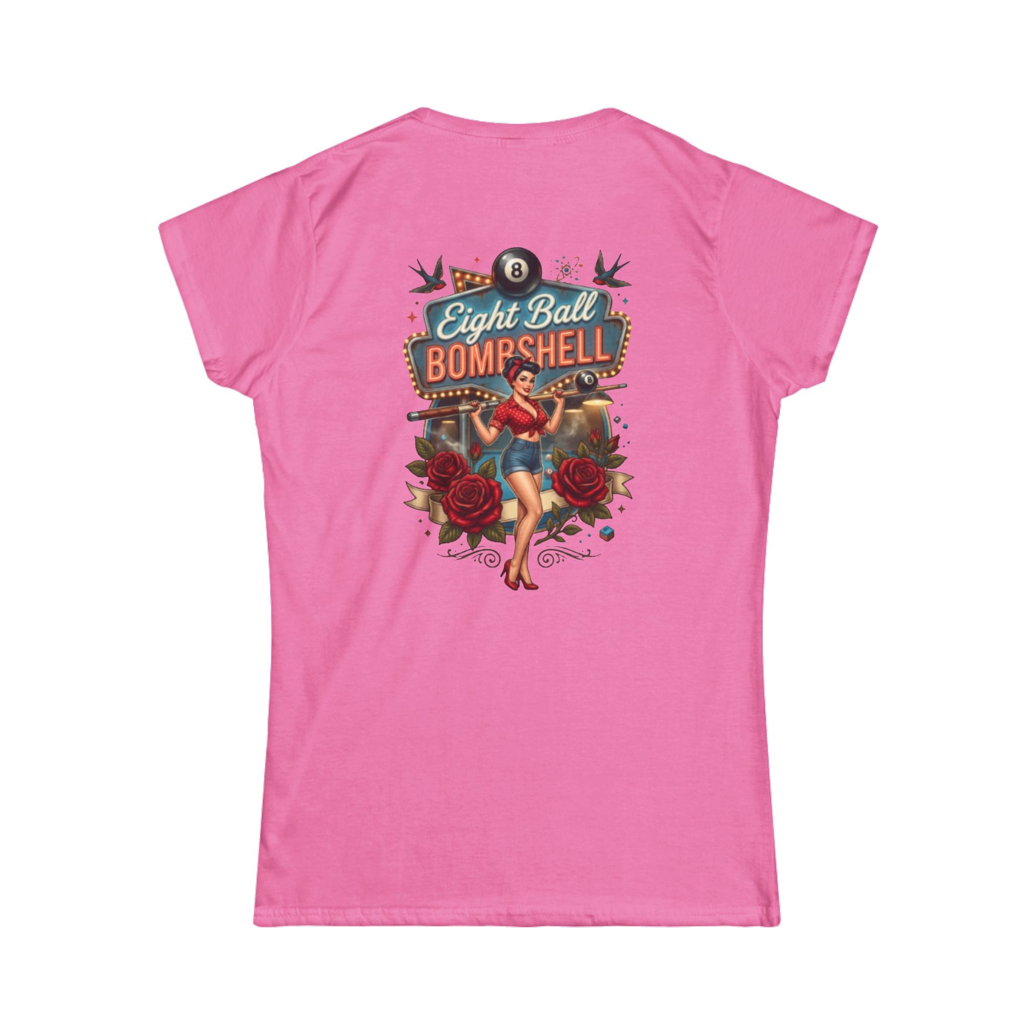 Eight Ball Bombshell V2 Women's Billiards T-Shirt | Retro Pin-Up Pool Player Graphic Tee | Front & Back Print
