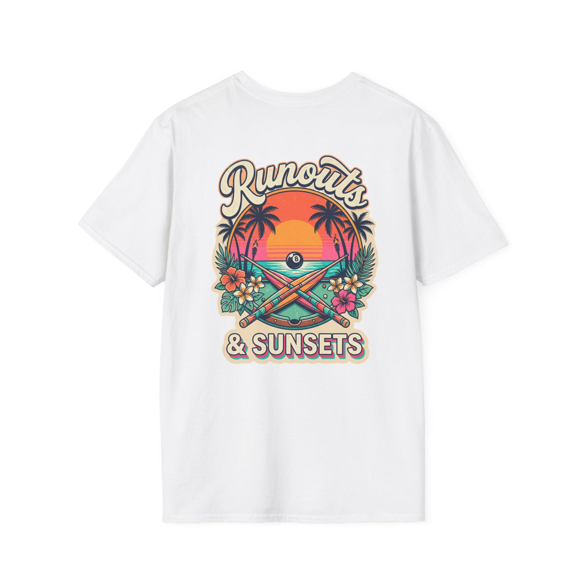 Runouts & Sunsets Tropical Billiards T-Shirt | Beach Pool Player Graphic Tee | Front & Back Print