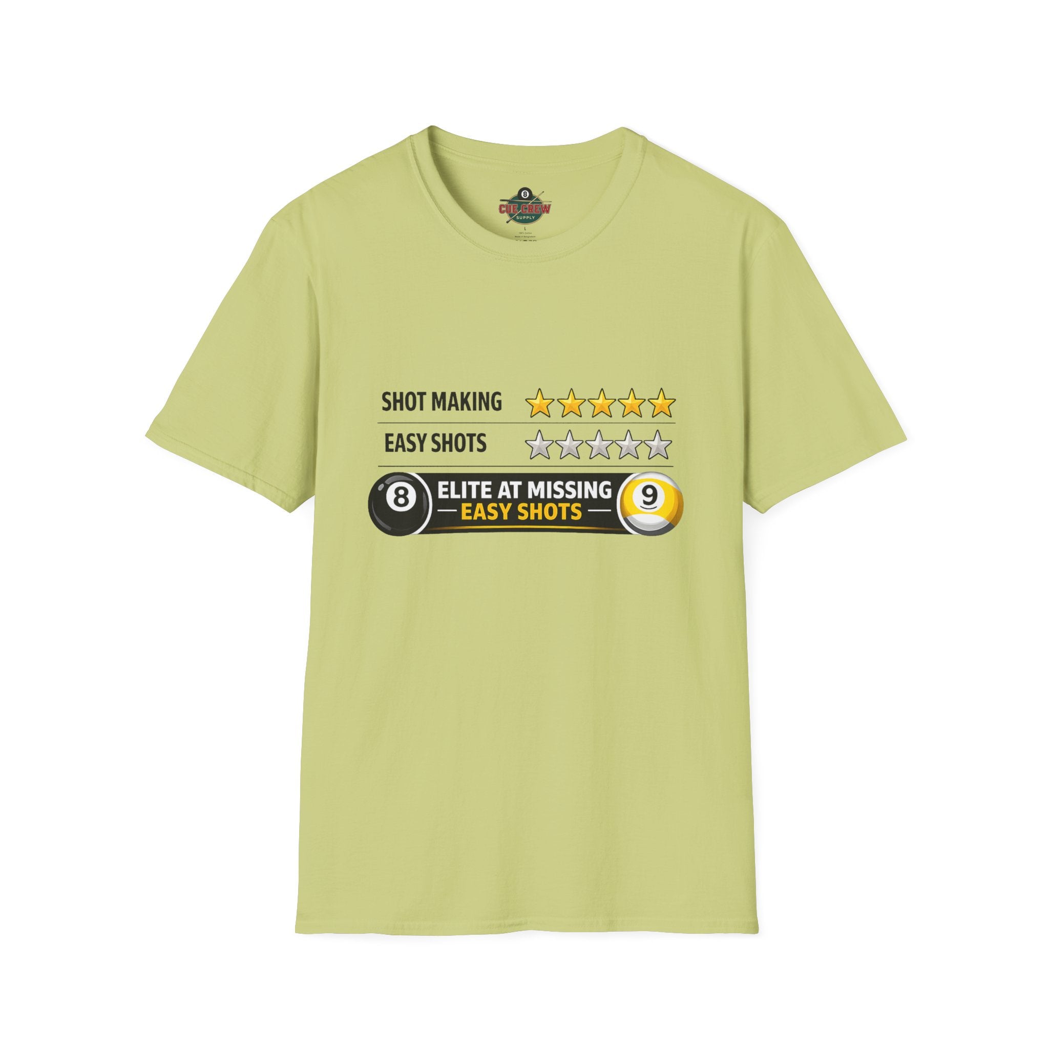 Elite At Missing Easy Shots Funny Billiards T-Shirt | 8 Ball & 9 Ball Graphic Unisex Tee | Front Print Only