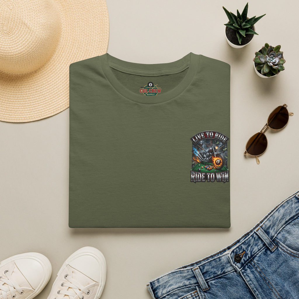 Live to Ride. Ride to Win. Biker Billiards T-Shirt | Motorcycle Pool Player Graphic Tee | Front & Back Print