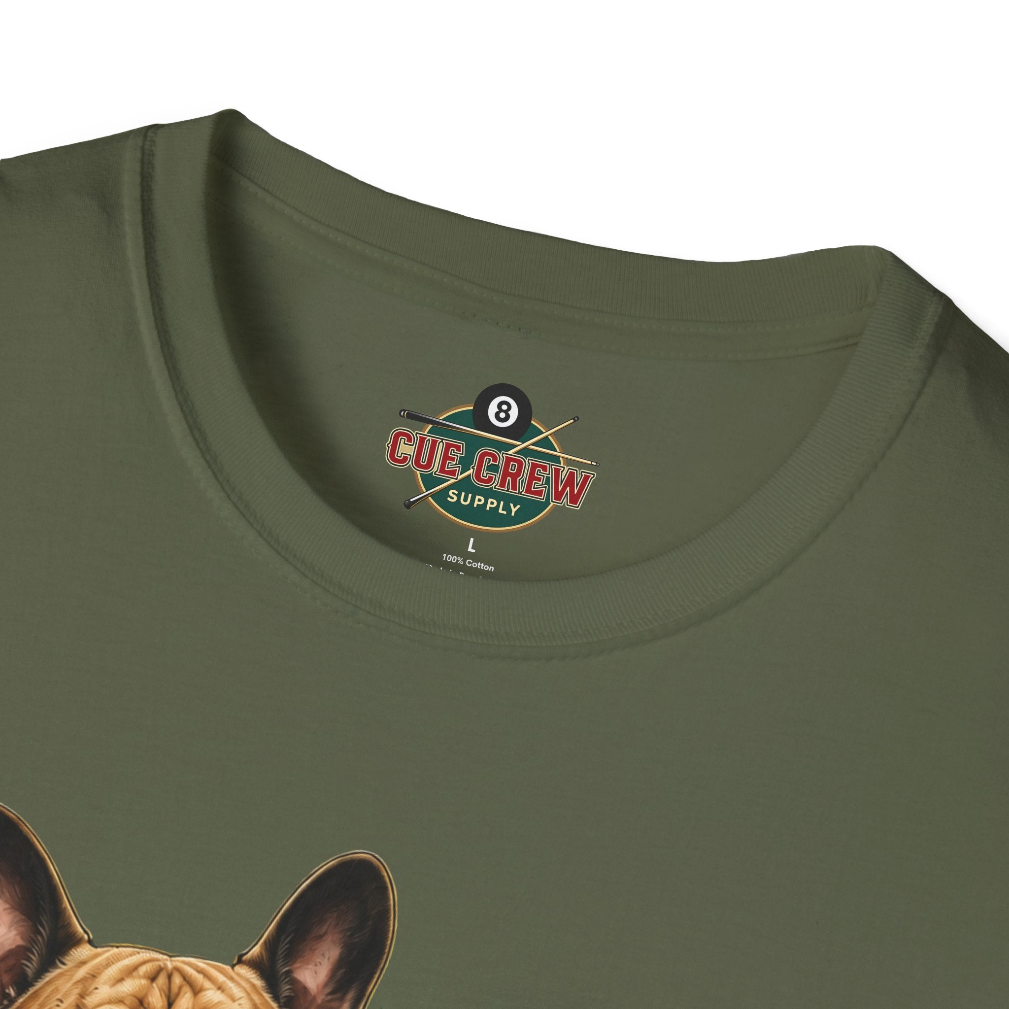 Rockin' French Bulldog Playing Cue Guitar Funny Billiards T-Shirt | Pool Dog Graphic Front Print Unisex Tee